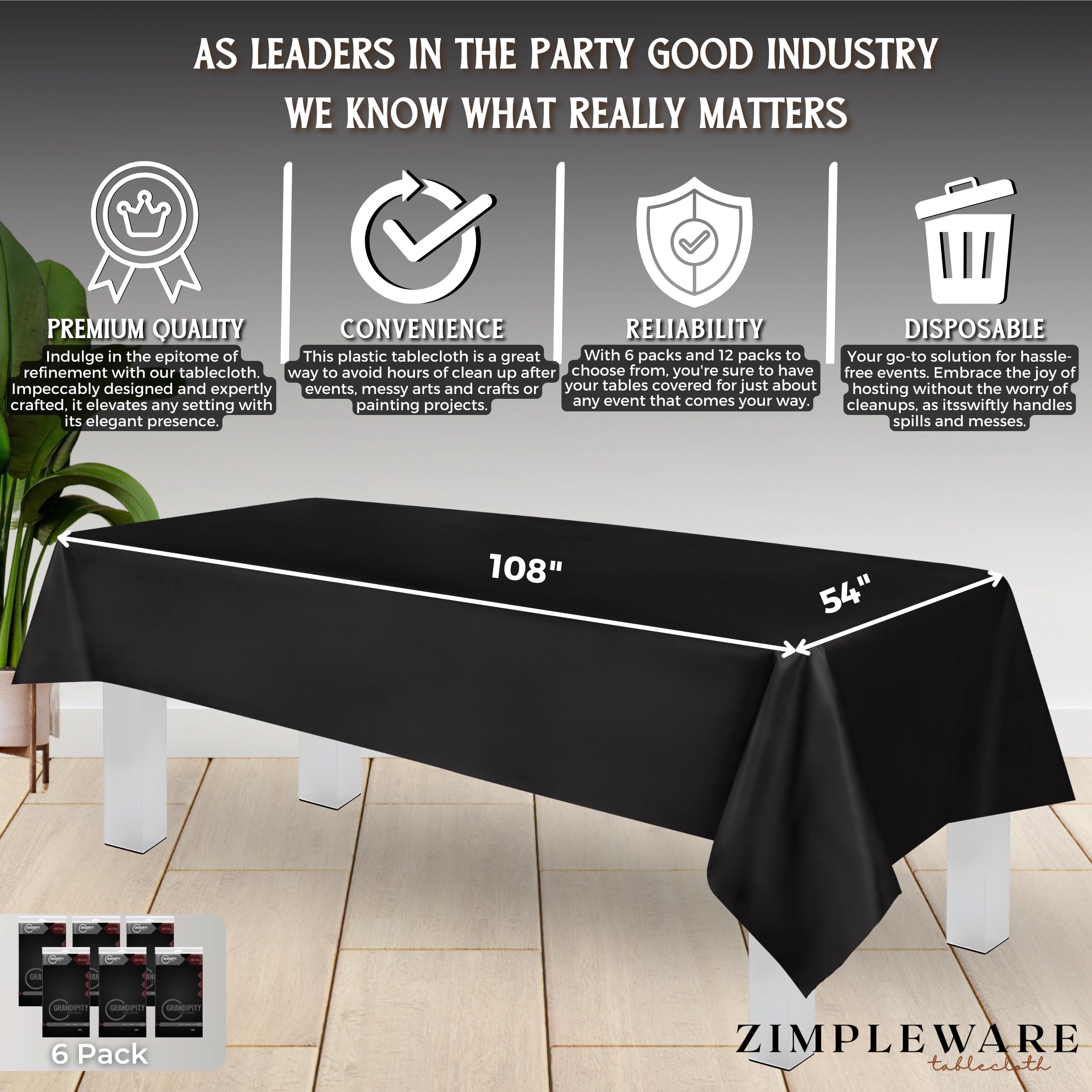 Premium Black Disposable Plastic Tablecloth (6 Pack) - 54x108 Inch Rectangle Table Cover for Parties, Events & Dining - Fits 6ft to 8ft Tables - Waterproof & Easy Clean for Indoor/Outdoor Use