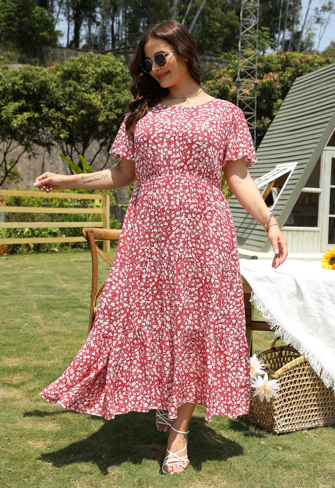 Nemidor Women's Plus Size Boho Floral Print Casual Layered Flared Maxi Dress with Pockets - Perfect for Beach Vacations, Summer Outings & Boho Chic Fashion