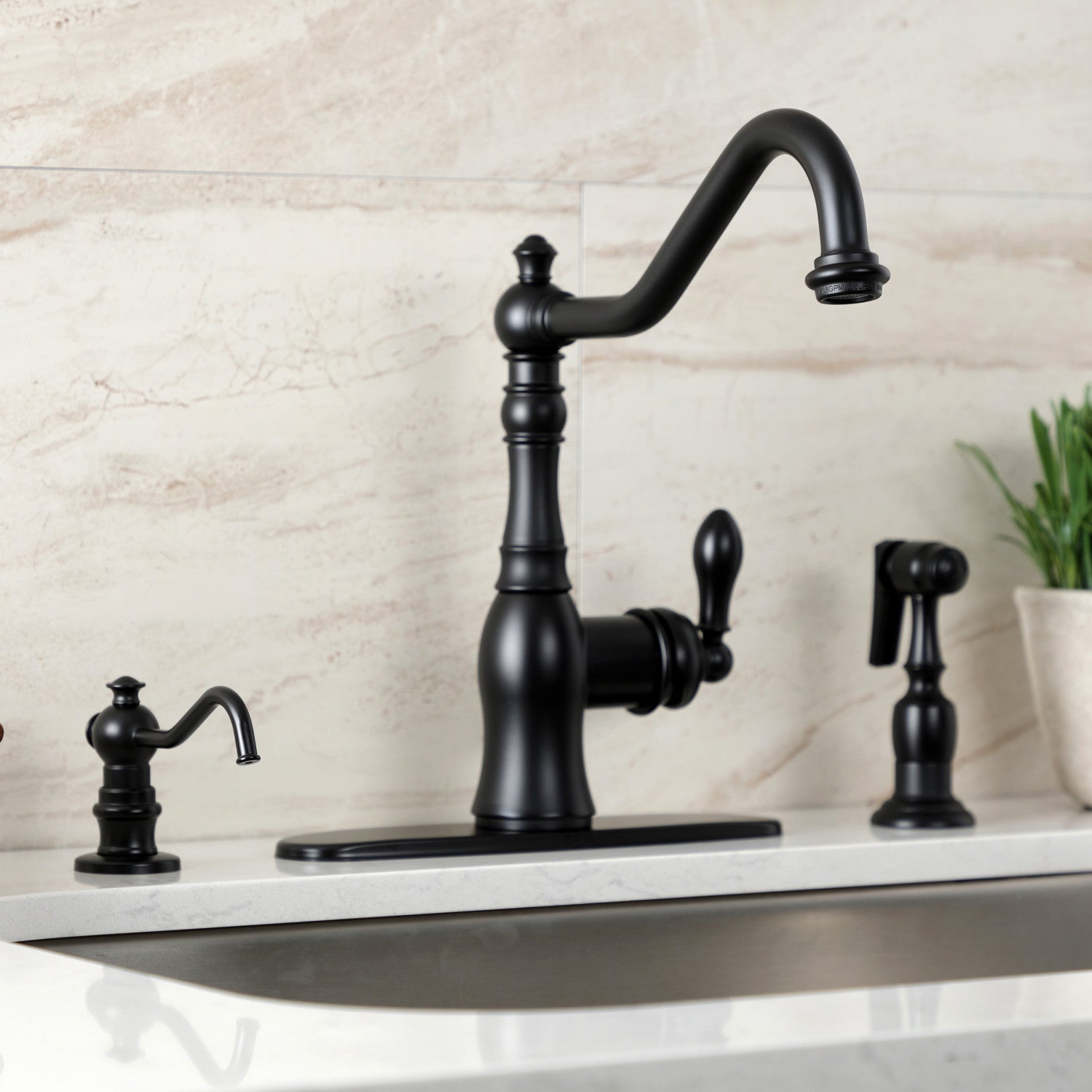 American Classic GSY7700ACLBS Single Handle 2/4 Hole Deck Mount Kitchen Faucet with Brass Side Sprayer in Matte Black - Perfect for Modern Farmhouse & Industrial Style Kitchens