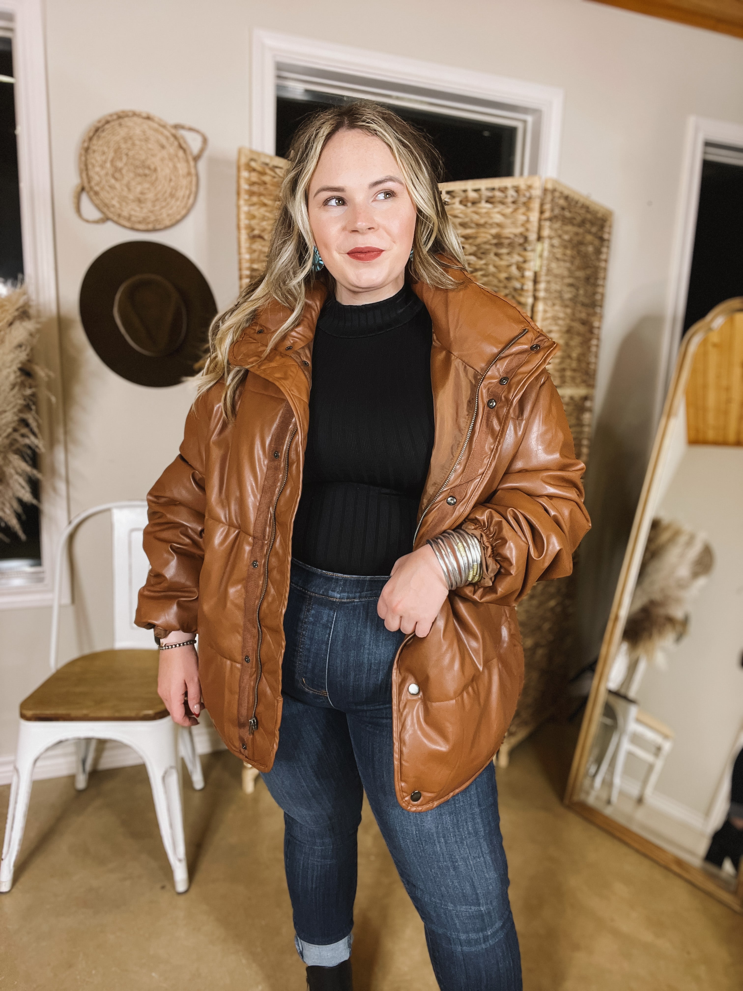 Boston Chill Button & Zip Up Faux Leather Puffer Jacket in Brown | Winter Outerwear for Men & Women | Perfect for Cold Weather & Urban Style