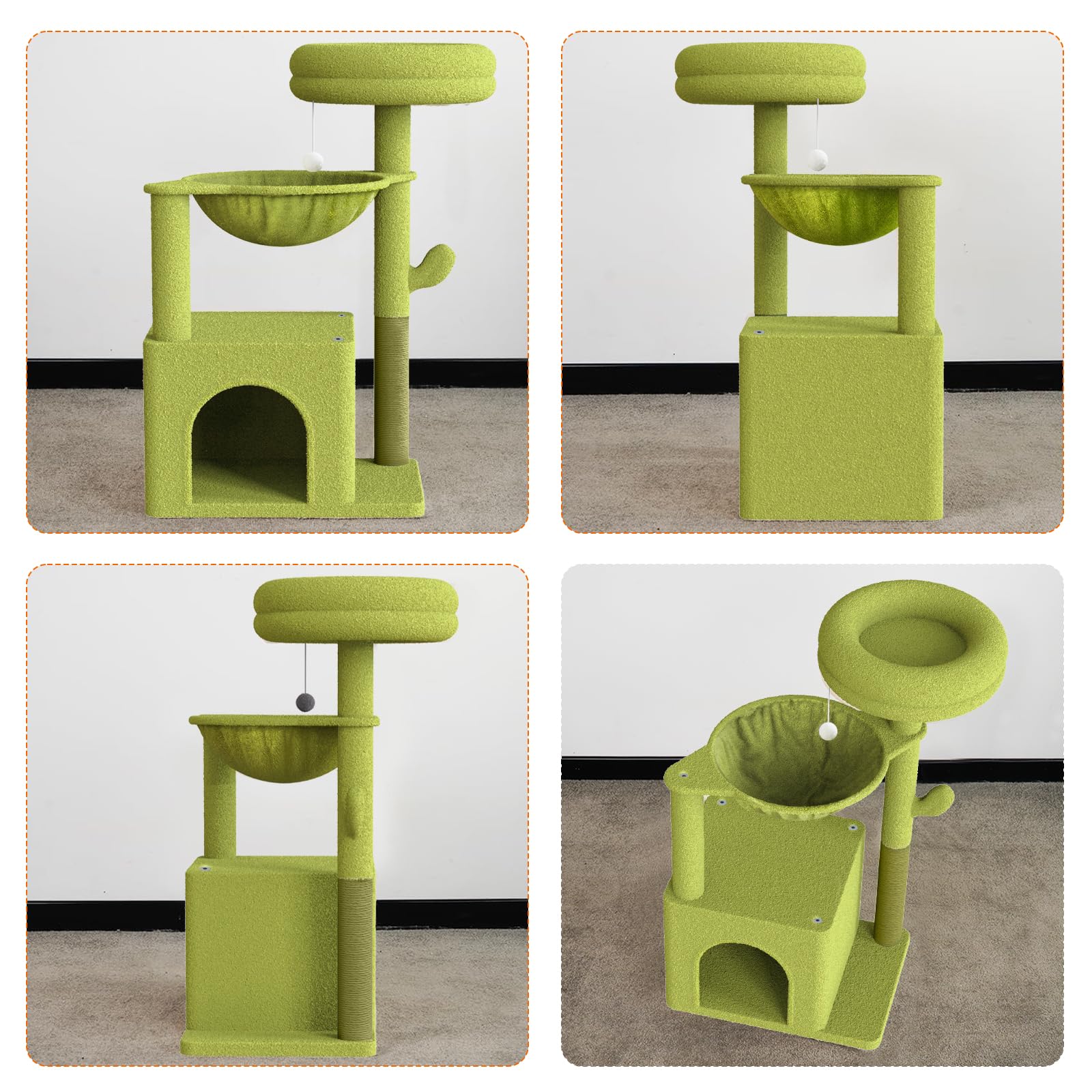 28 Inch Small Cat Tree with Hammocks & Scratching Post - Cactus Shaped Cat Condo Activity Center with Toys, Plush Perches & Fluffy Ball for Kittens (Light Green) - Perfect for Indoor Play & Climbing Fun