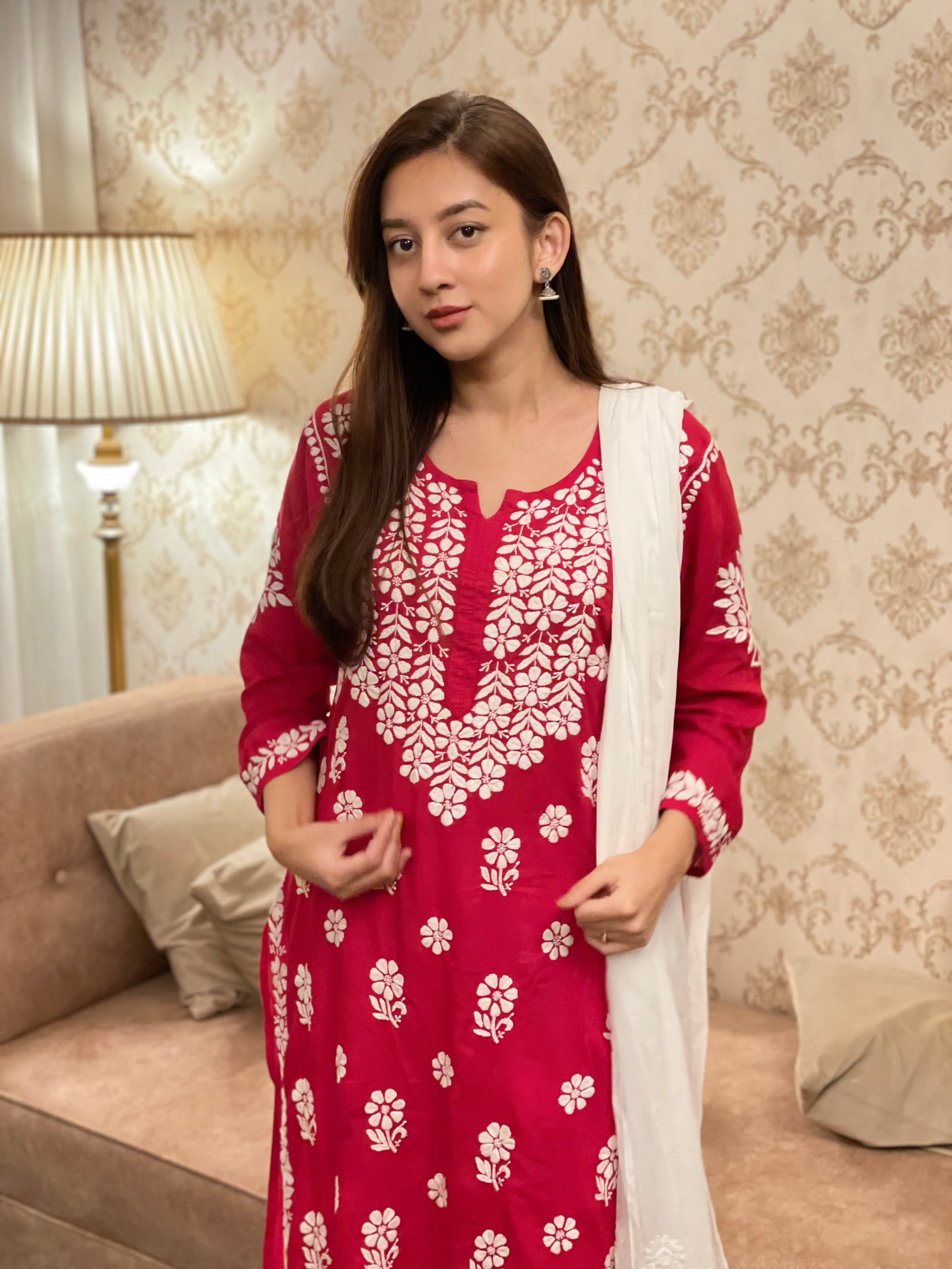 Premium Hand Embroidered Chikankari Kurta for Women - Red Modal Cotton Indian Tunic Top - Perfect for Festivals, Weddings & Casual Wear