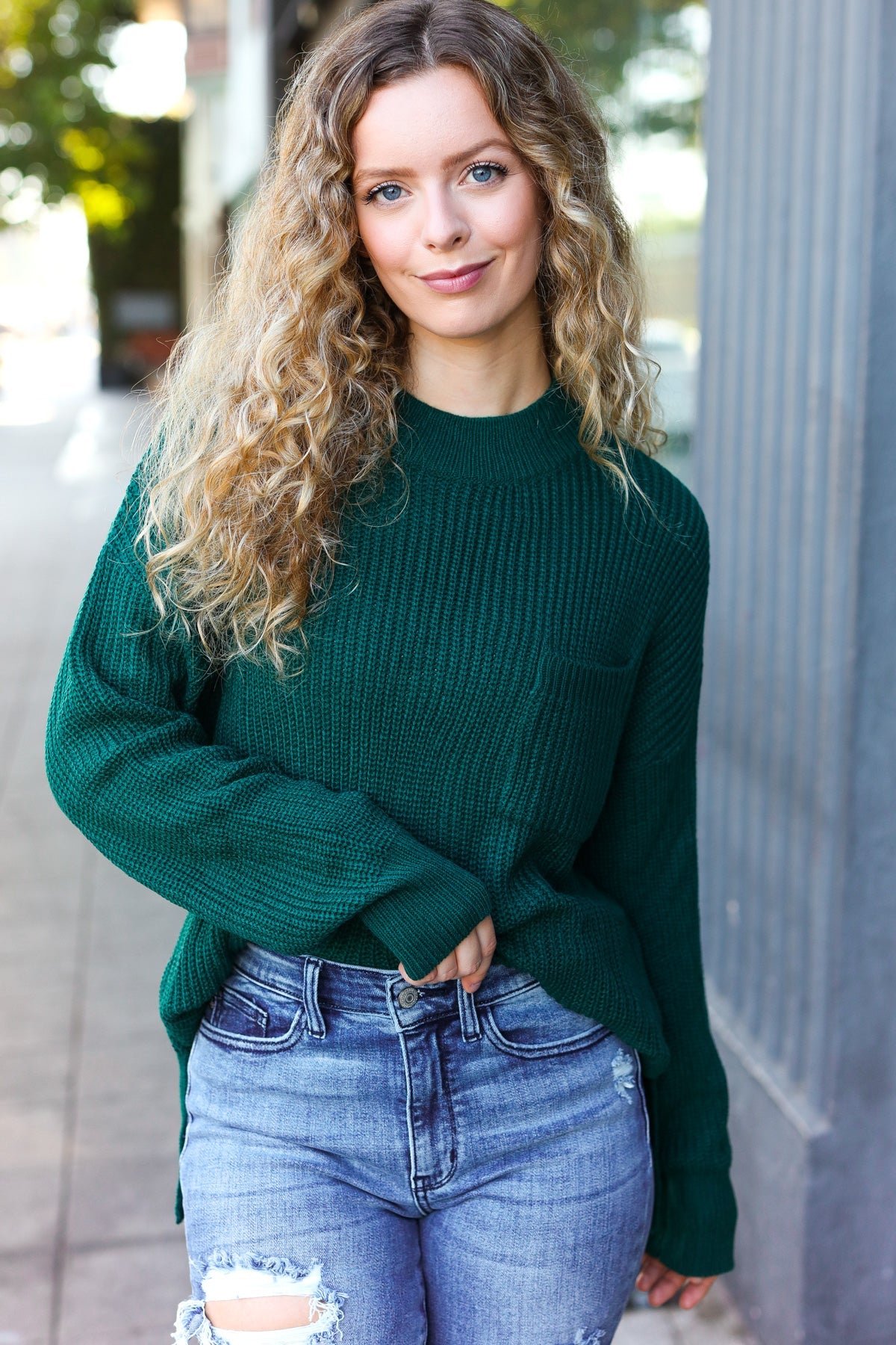 Stylish Hunter Green Mock Neck Knit Sweater with Chest Pocket - Cozy Winter Wear for Women | Perfect for Casual Outings & Office Attire