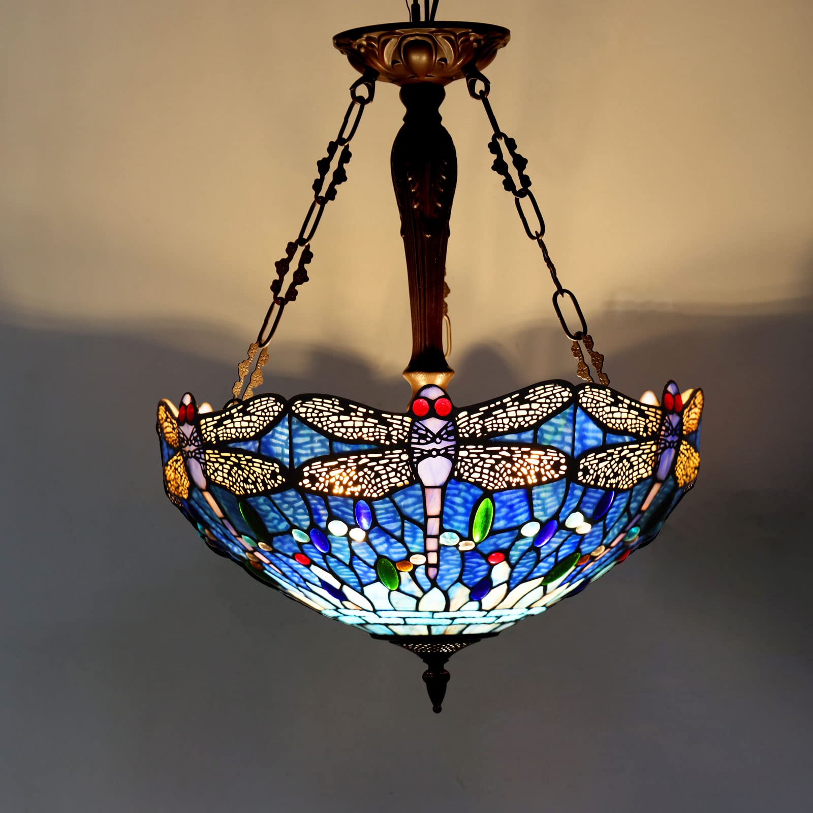 Capulina Tiffany Pendant Lights - 18 Inch Wide 3-Light Blue Dragonfly Antique Style Stained Glass Chandelier for Dining Room, Living Room, Stairway, Foyer & Entryway | Vintage Home Decor Lighting for Restaurants, Cafes and Victorian Style Interiors