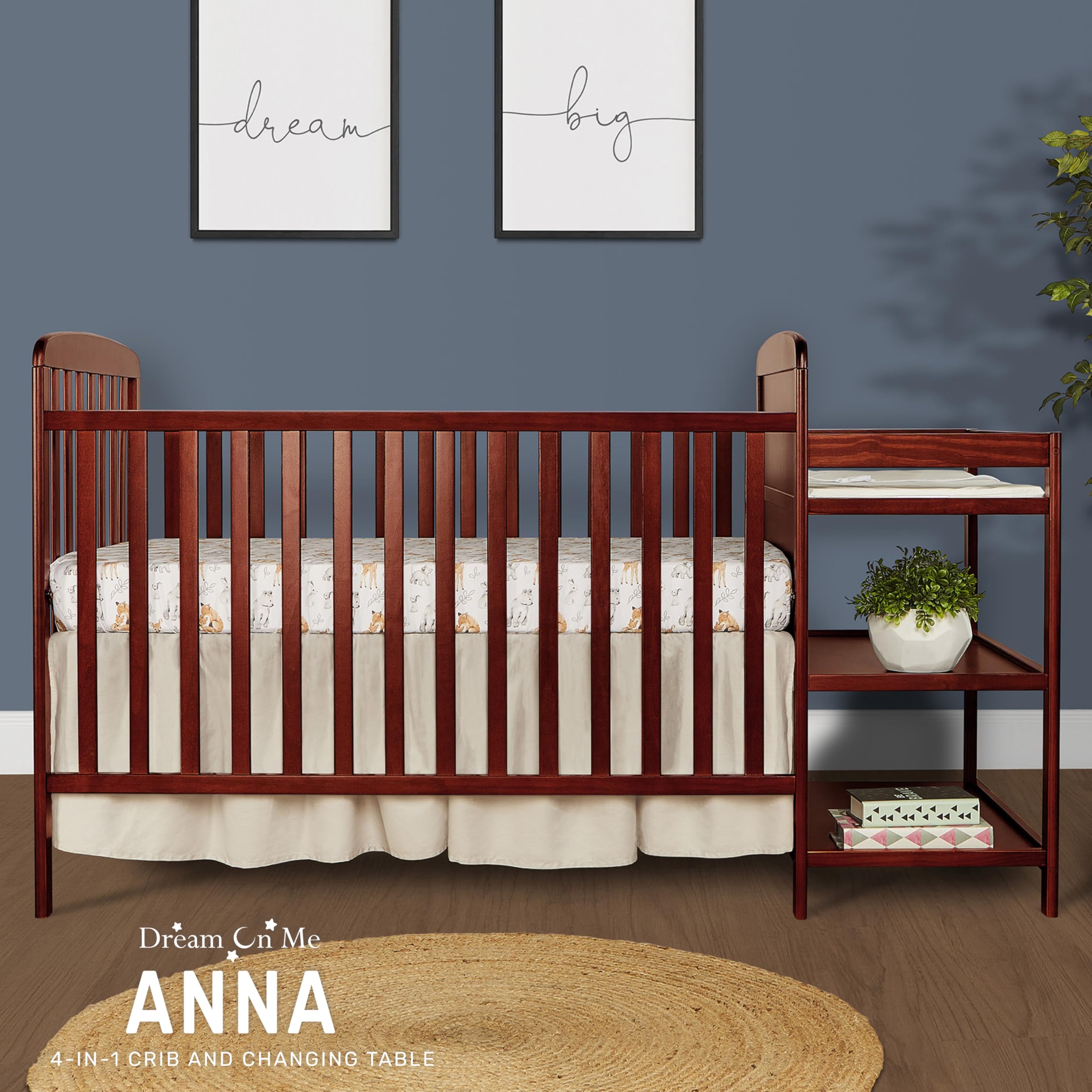 Dream On Me Anna 3-in-1 Convertible Crib with Changing Table - Cherry Wood, Greenguard Gold Certified, Non-Toxic Baby Nursery Furniture Set with 1