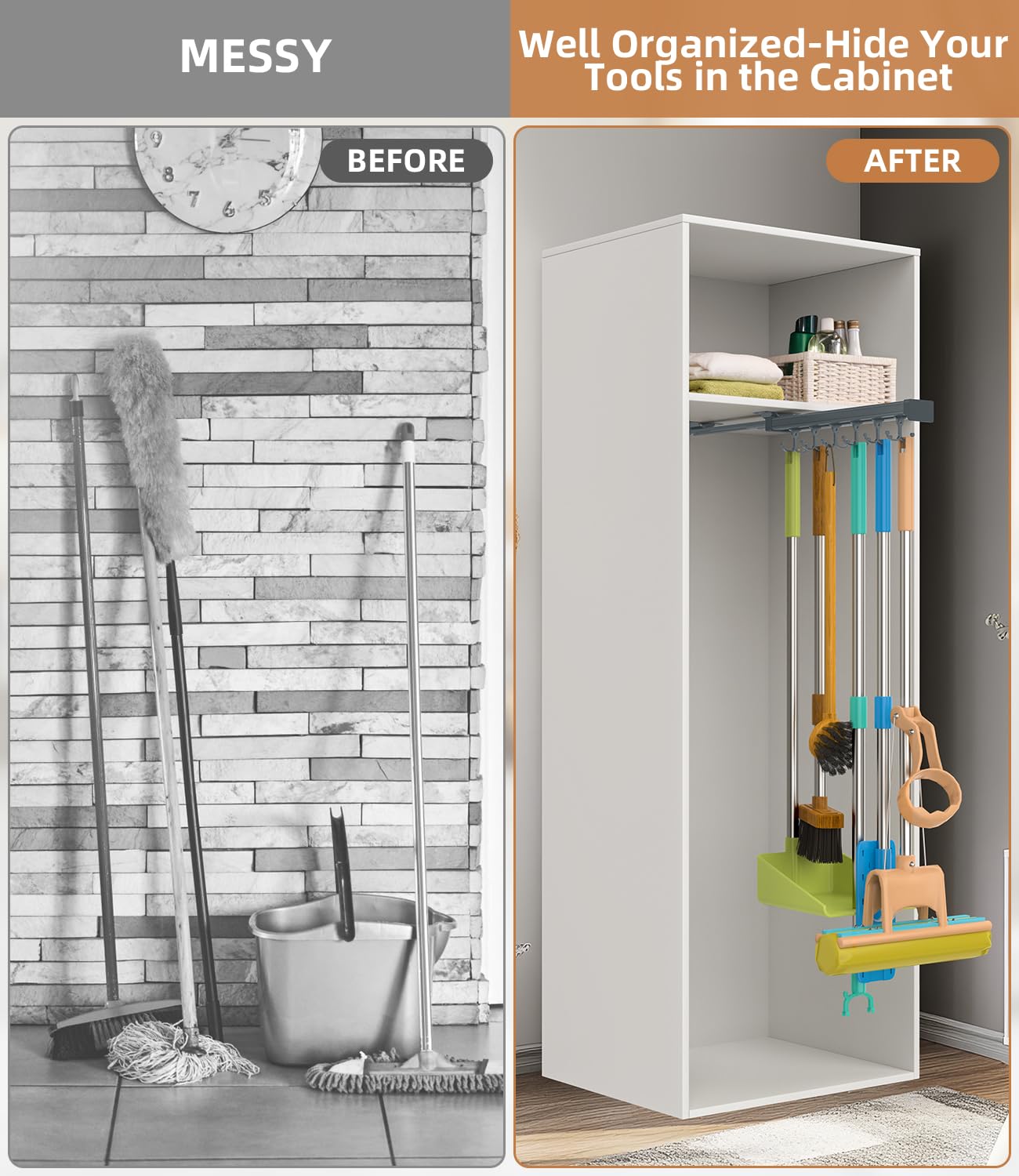 Adjustable Double Row Sliding Hook Broom & Mop Holder - Multifunctional Pull Out Storage Organizer for Garage, Closet & Laundry Room - Dark Grey (36cm) - Perfect for Space Saving Home Organization