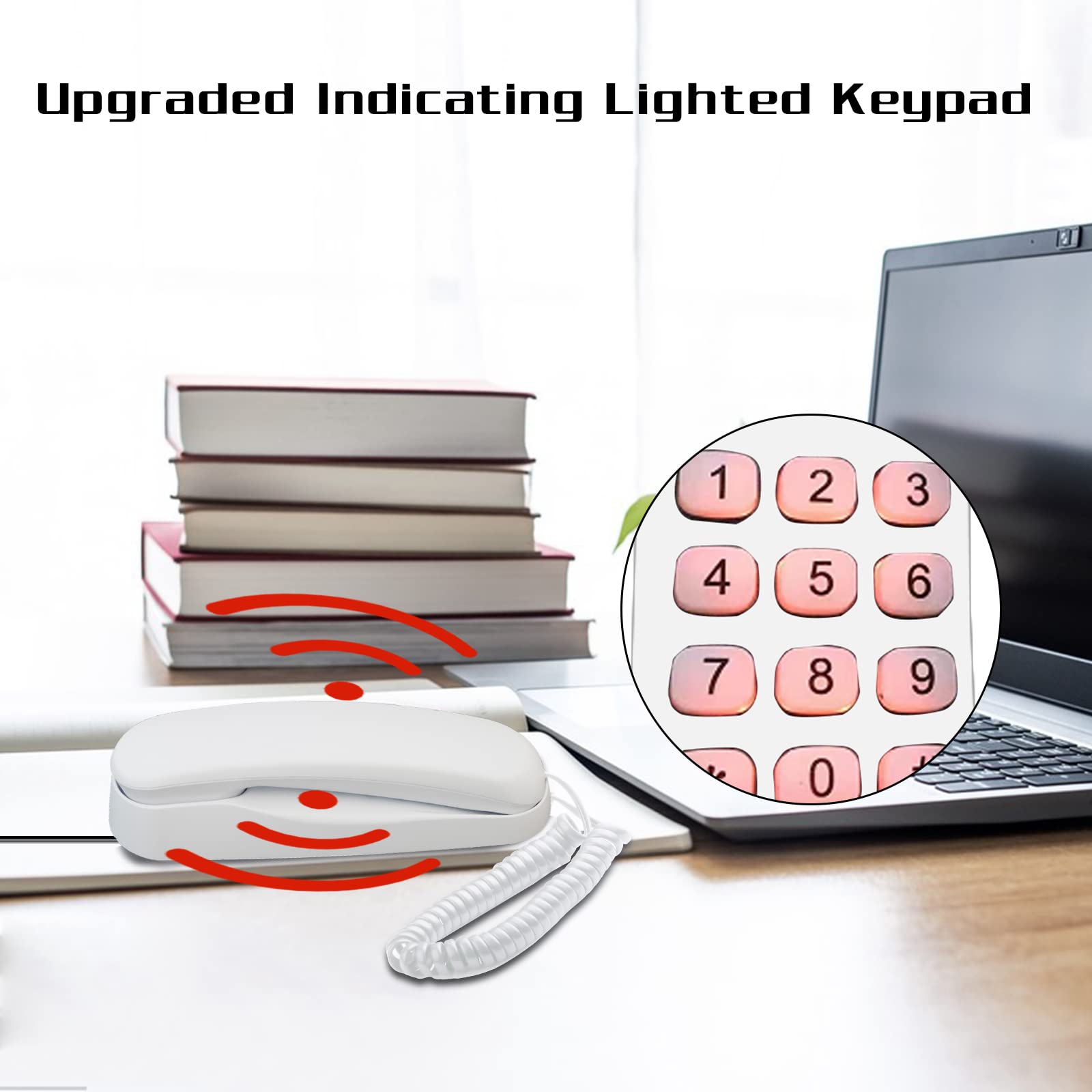 Sangyn Mini Corded Landline Phone with Lighted Keypad - Wall Mountable Desk Telephone for Home, Office & Kitchen - No AC Power Required - Ideal for Elderly & Emergency Use