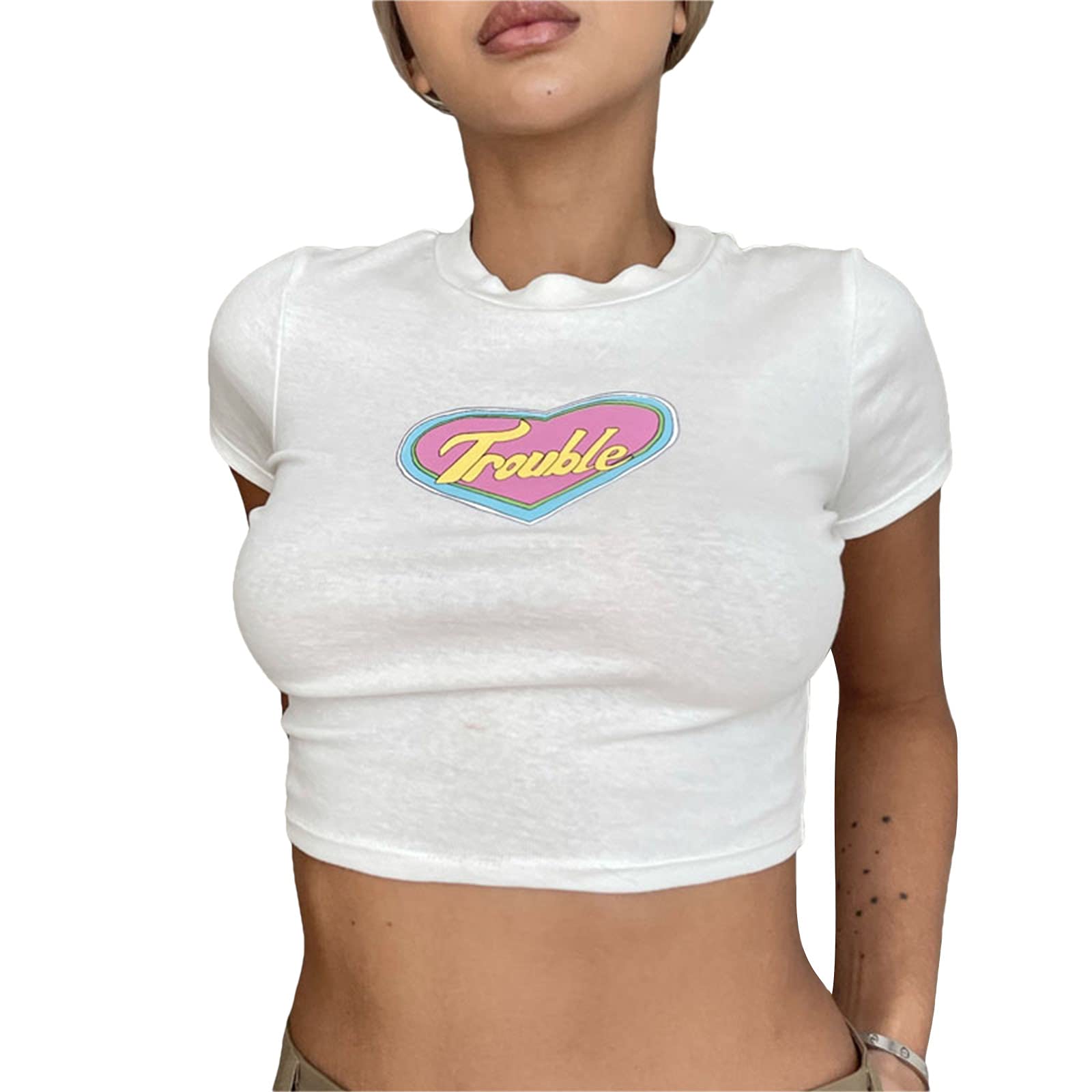 Vintage Aesthetic Graphic Print Crop Top Tee for Women - Slim Fit Short Sleeve Grunge T-Shirt (White, Medium) | Perfect for Casual Outfits, Streetwear, and Summer Fashion