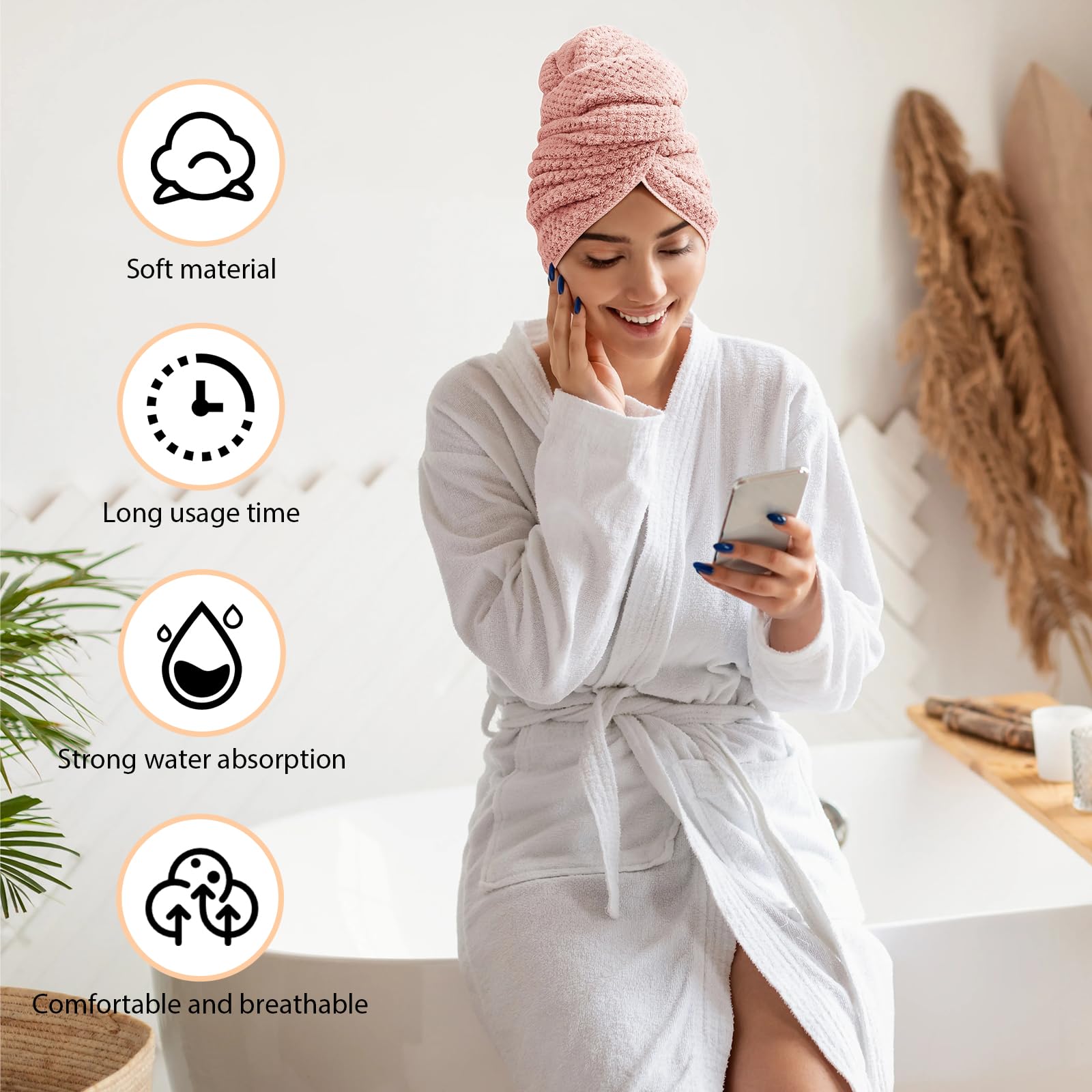 Extra Large Microfiber Hair Towel Wrap for Women - 40 x 26.3 Inches Super Absorbent Hair Drying Towel for Long Thick & Curly Hair - Soft Hair Turban with Elastic Band (Pink) | Perfect for Post-Shower, Salon & Travel Use