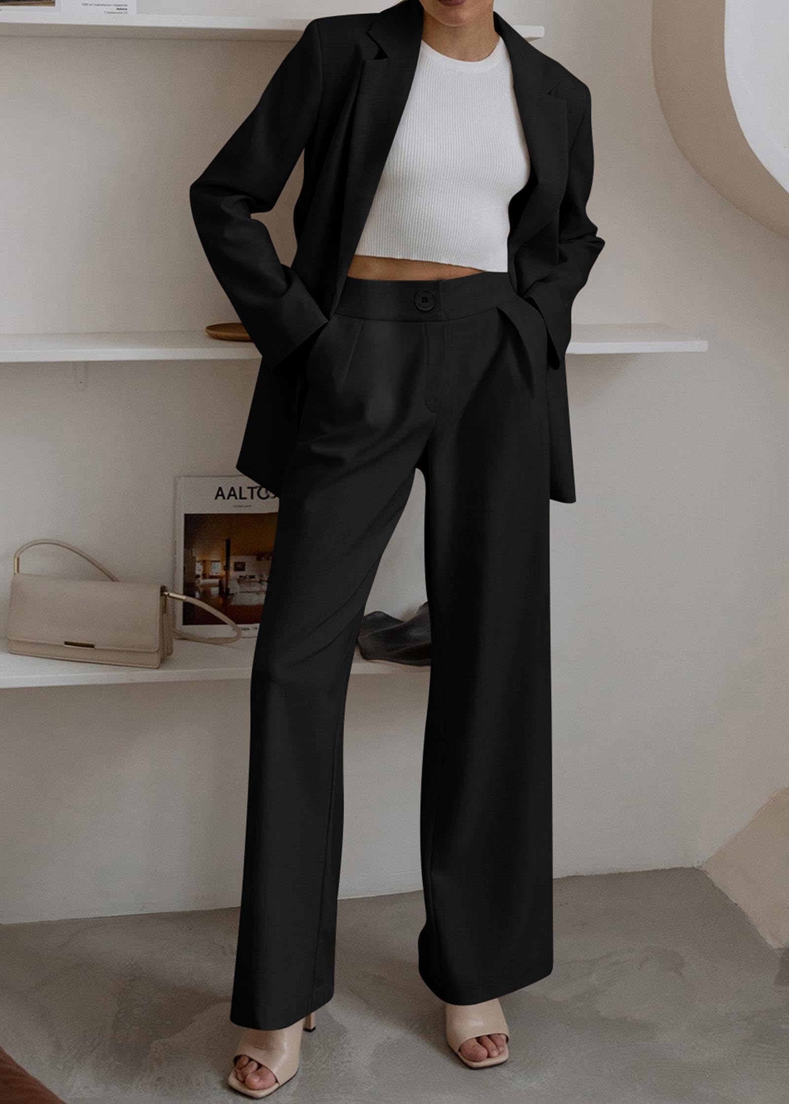 KIRUNDO Women's 2025 Spring Fall 2 Piece Blazer Set - Casual Loose Long Blazer Jacket with Dressy Wide Leg Pants Suit (Includes Pockets) | Office Wear, Business Attire & Formal Occasions