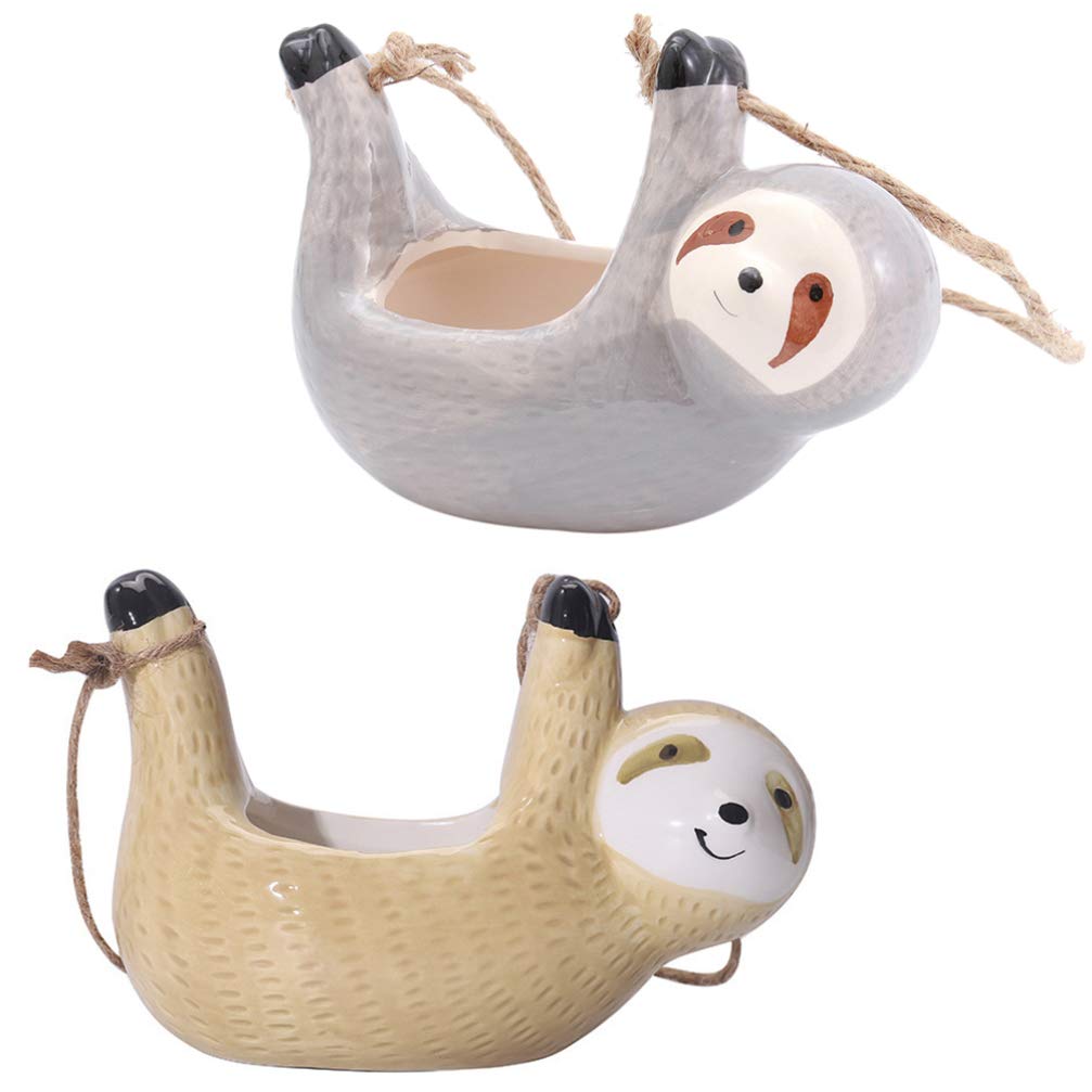 DOITOOL 2PCS Ceramic Hanging Sloth Planter Pot - Cute Succulent & Cactus Flower Pot for Indoor & Outdoor Plants (16 X 10CM) - Perfect for Home Decor, Garden, Balcony, and Office Plant Display