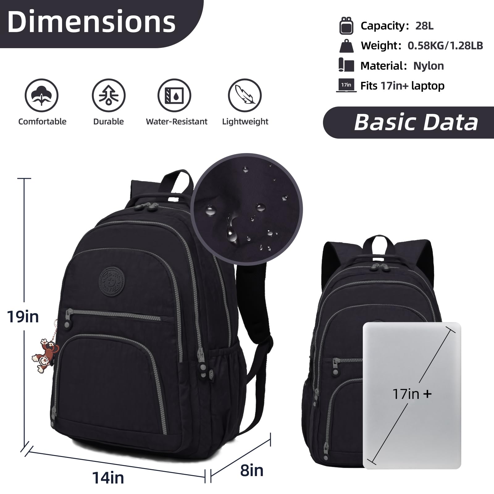 Lightweight Water-Resistant Black Nylon Laptop Backpack for Men & Women - 17 Inch+ Travel, School, Work & Hiking Daypack - Perfect for College, Office & Outdoor Adventures