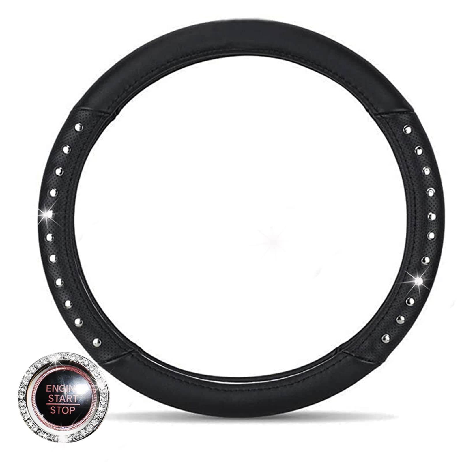 ALVAZA 15 Inch Universal Microfiber Leather Car Steering Wheel Cover with Decorative Rivets - Anti-Slip, Breathable Steering Wheel Protector for Cars, Trucks & SUVs + Free Bling Ring (Black) | Perfect for Daily Commuting, Road Trips & Enhancing Driving Comfort