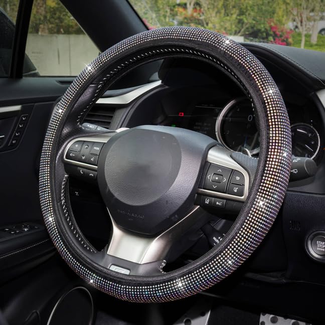 Sparkly Rhinestone Steering Wheel Cover - Stretchable Elastic, Breathable & Anti-Slip Bling Car Accessory for Women - Cute Diamond Decor Gift (AB Color) | Perfect for Daily Commute, Road Trips & Stylish Car Interior Upgrade