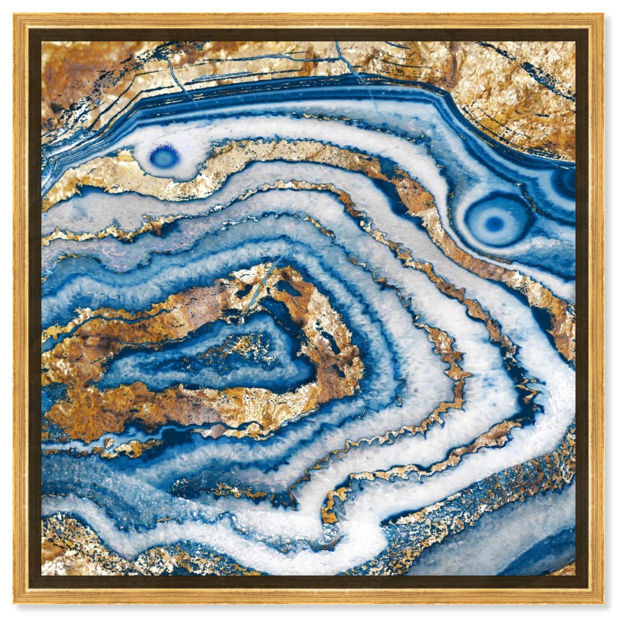 Abstract Framed Wall Art Canvas Print 'Bleu Agate' Crystal Design - 16x16 Inches Blue & Gold Home Decor - Perfect for Living Room, Bedroom or Office Wall Decoration