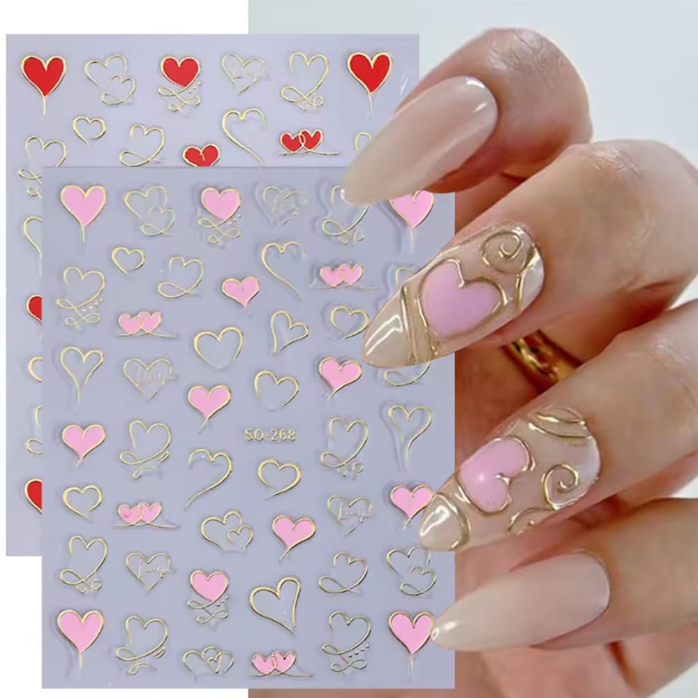 YEFIUO 7 Sheets 3D Nail Art Stickers - Heart & Metal Lines Design Nail Decals for DIY Nail Decoration | Perfect for Valentine's Day, Bridal Nails, and Party Nail Art