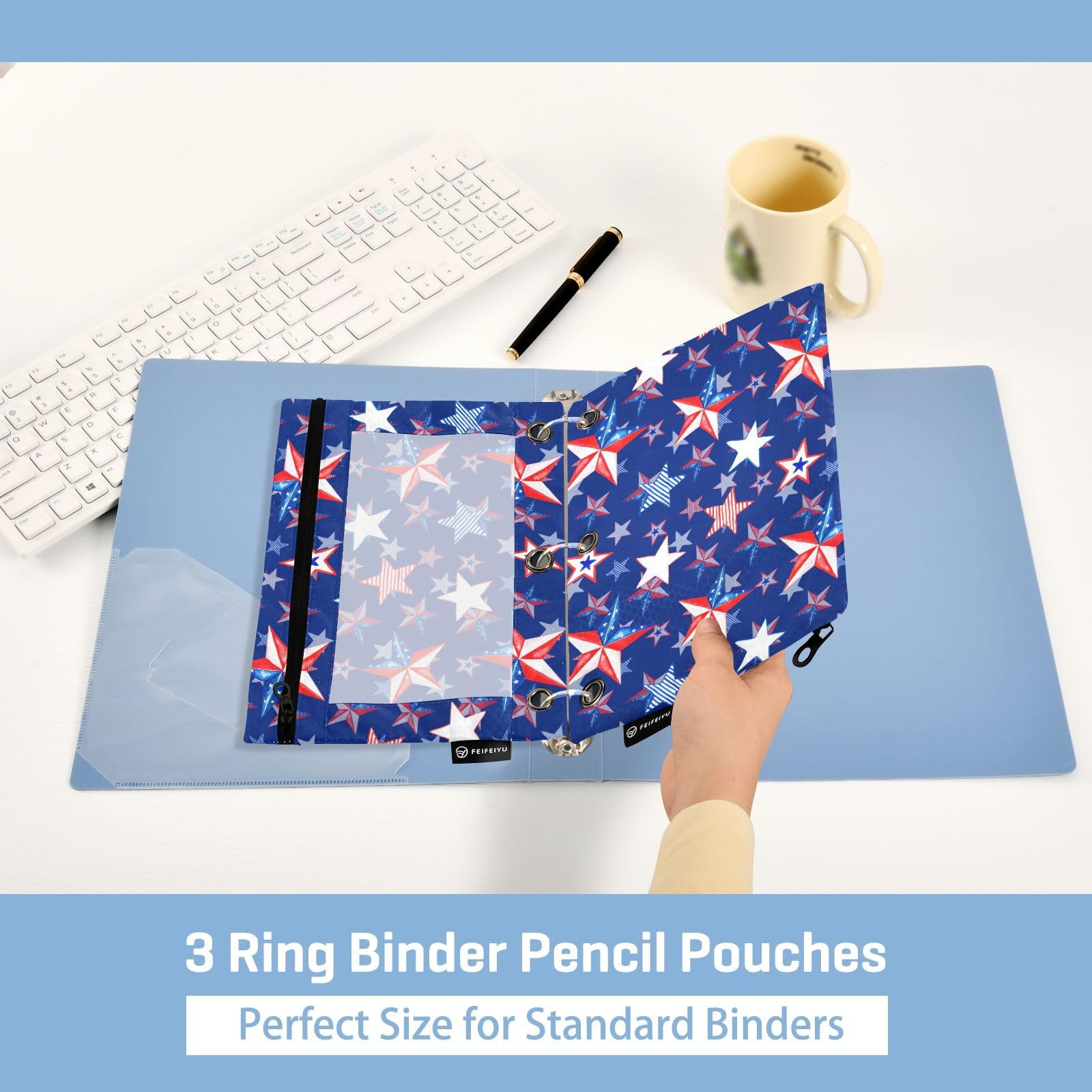 USA Stars Watercolor Pencil Pouch - 2 Pack Zippered Binder Pouch with Clear Window for 3-Ring Binders | Patriotic 4th of July School & Office Supplies | Perfect for Students, Teachers & Home Organization