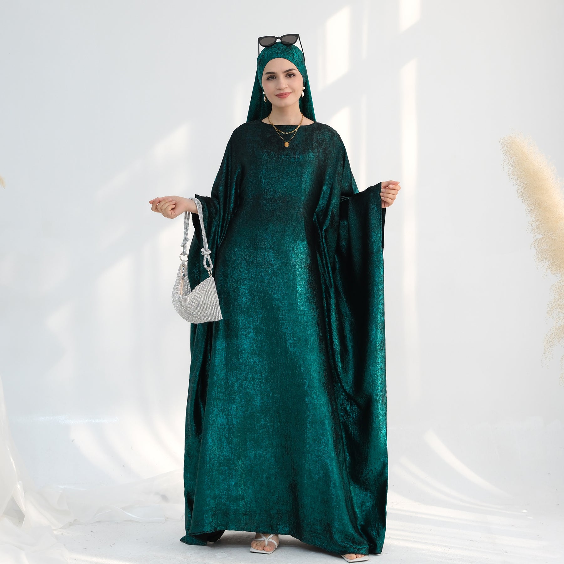 Linora Shimmer Butterfly Abaya - Elegant Green Islamic Dress for Women | Perfect for Eid, Ramadan, and Special Occasions