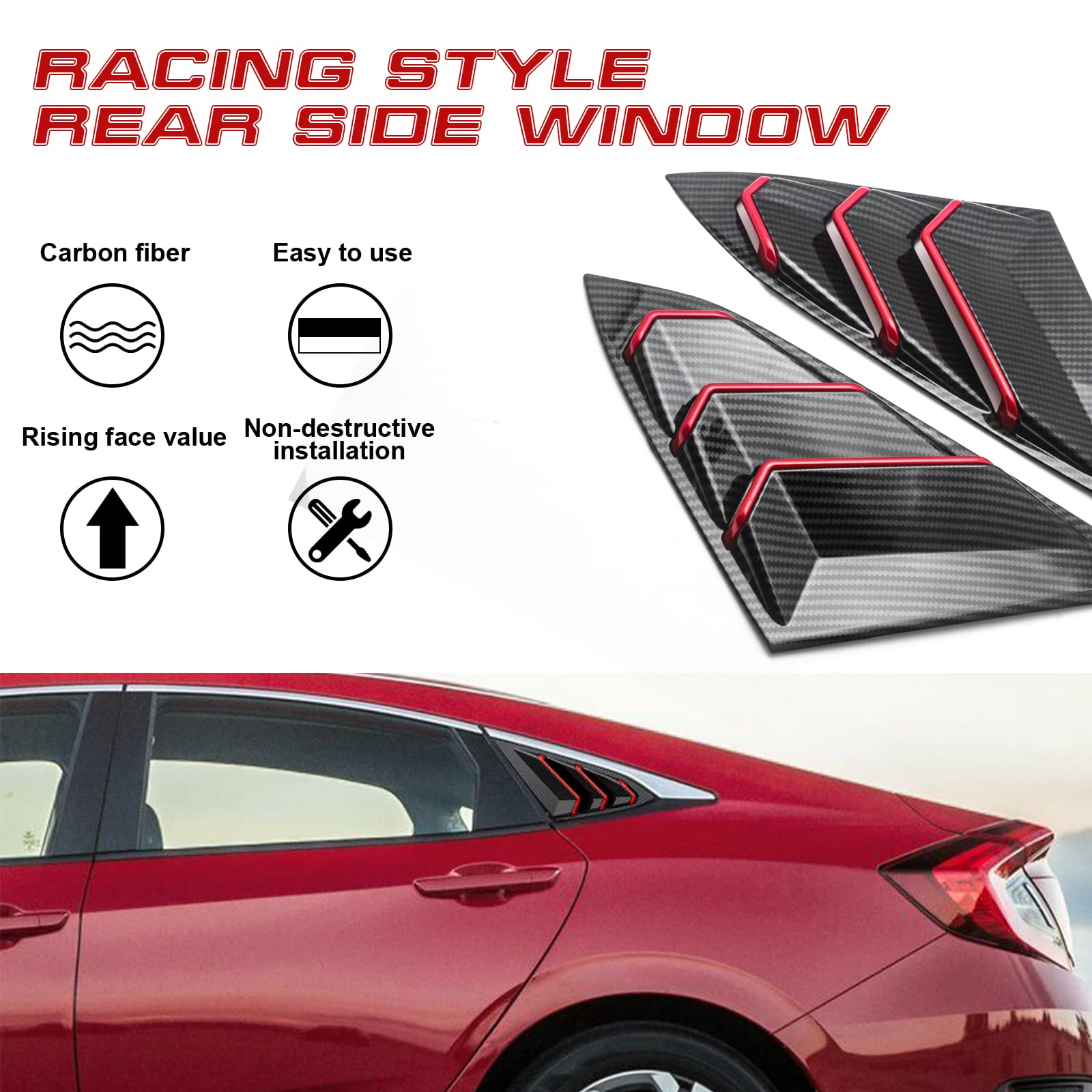Xotic Tech Rear Side Window Louver Cover Trim - Carbon Fiber Pattern with Red Accent - Compatible with 2016-2021 Honda Civic 10th Gen Sedan - Enhances Style & Airflow - Perfect for Car Enthusiasts & Custom Builds