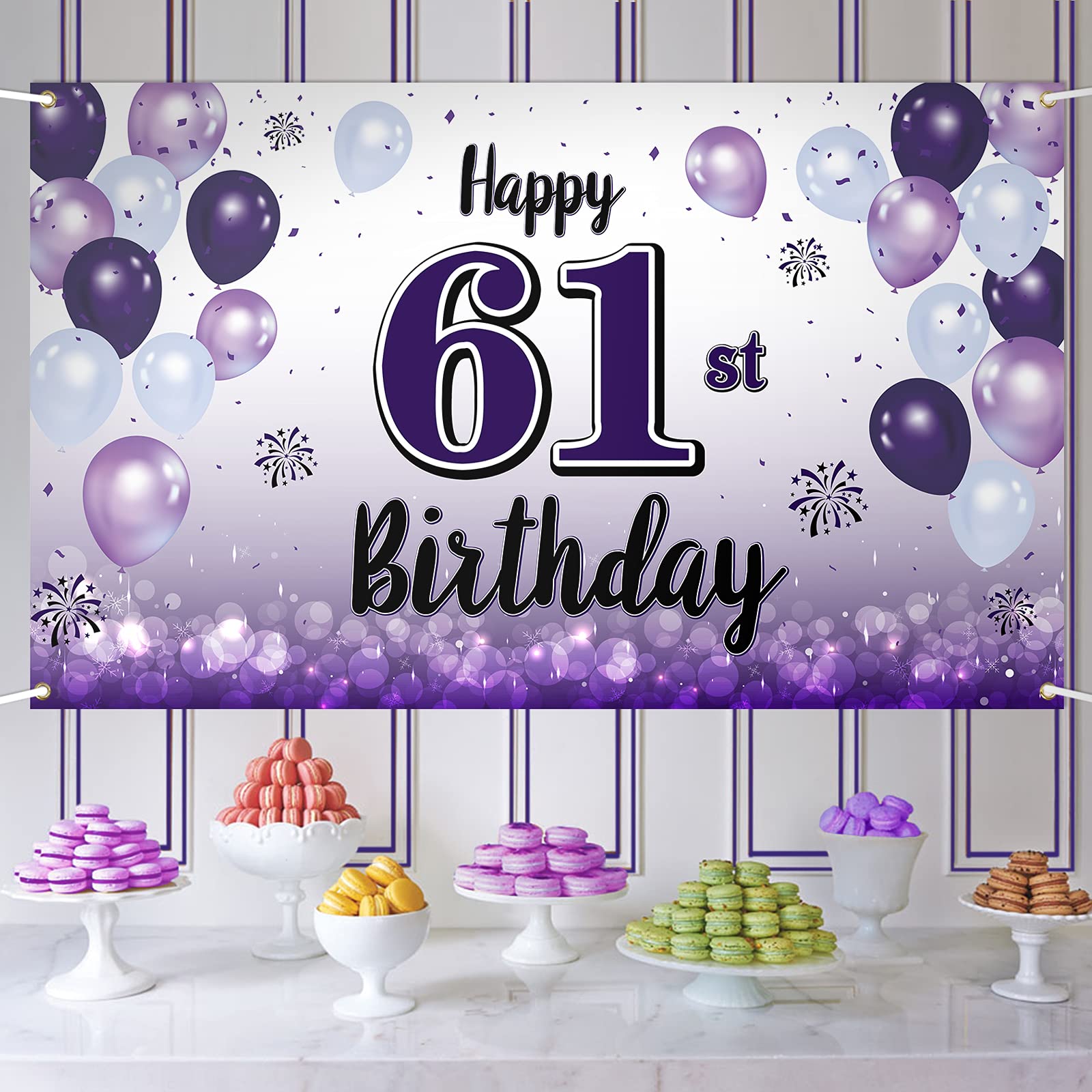 LASKYER 61st Birthday Party Decorations - Large Purple Banner for 61st Birthday Celebration, Wall Backdrop & Photo Prop - Perfect for Home Decorations, Birthday Parties & Milestone Celebrations