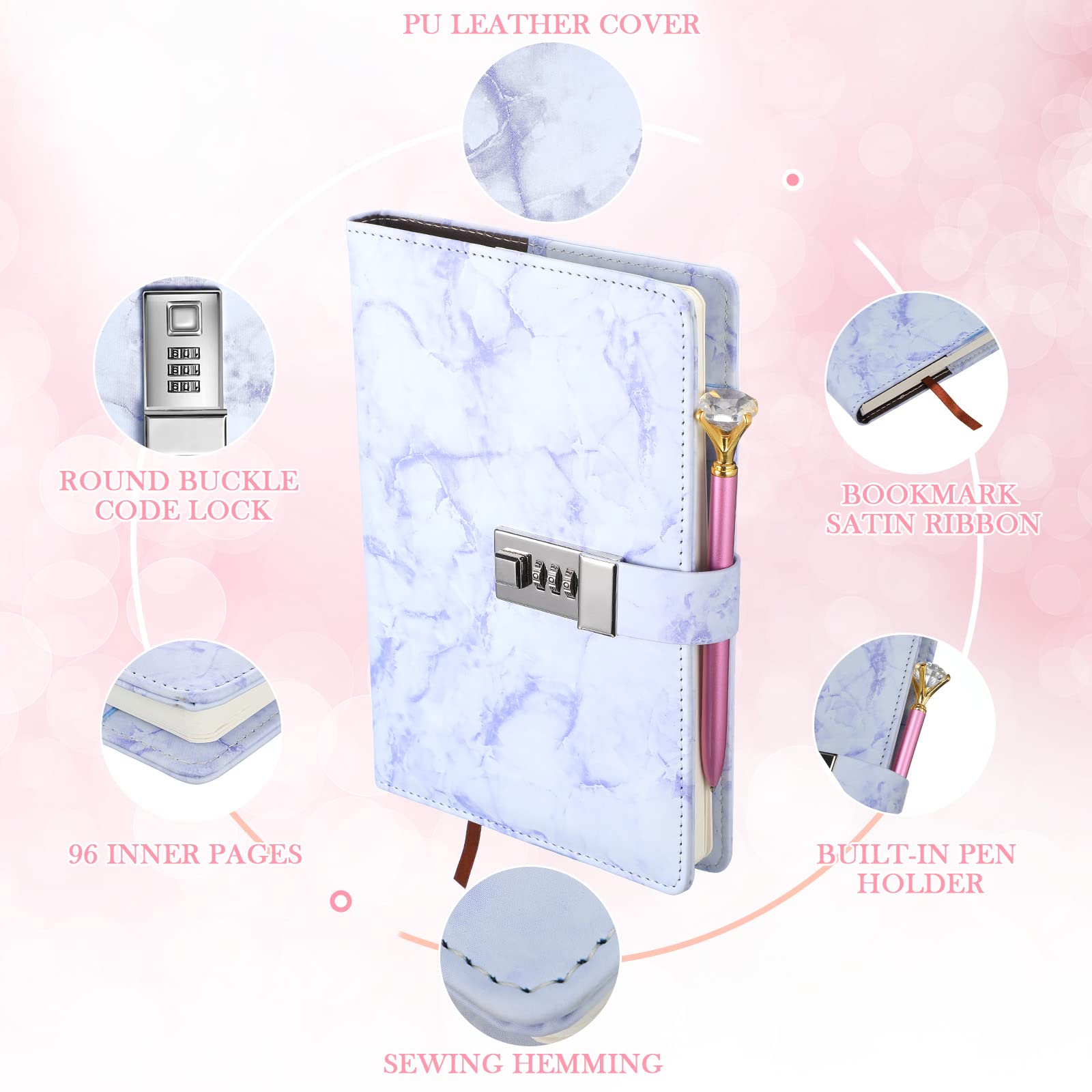 Lockable A5 Diary Notebook with PU Leather Cover & Diamond Pen - Personal Secret Journal with Combination Lock for Women & Teens (Purple, 1 Piece) | Perfect for Daily Writing, Travel Journaling & Gift Giving