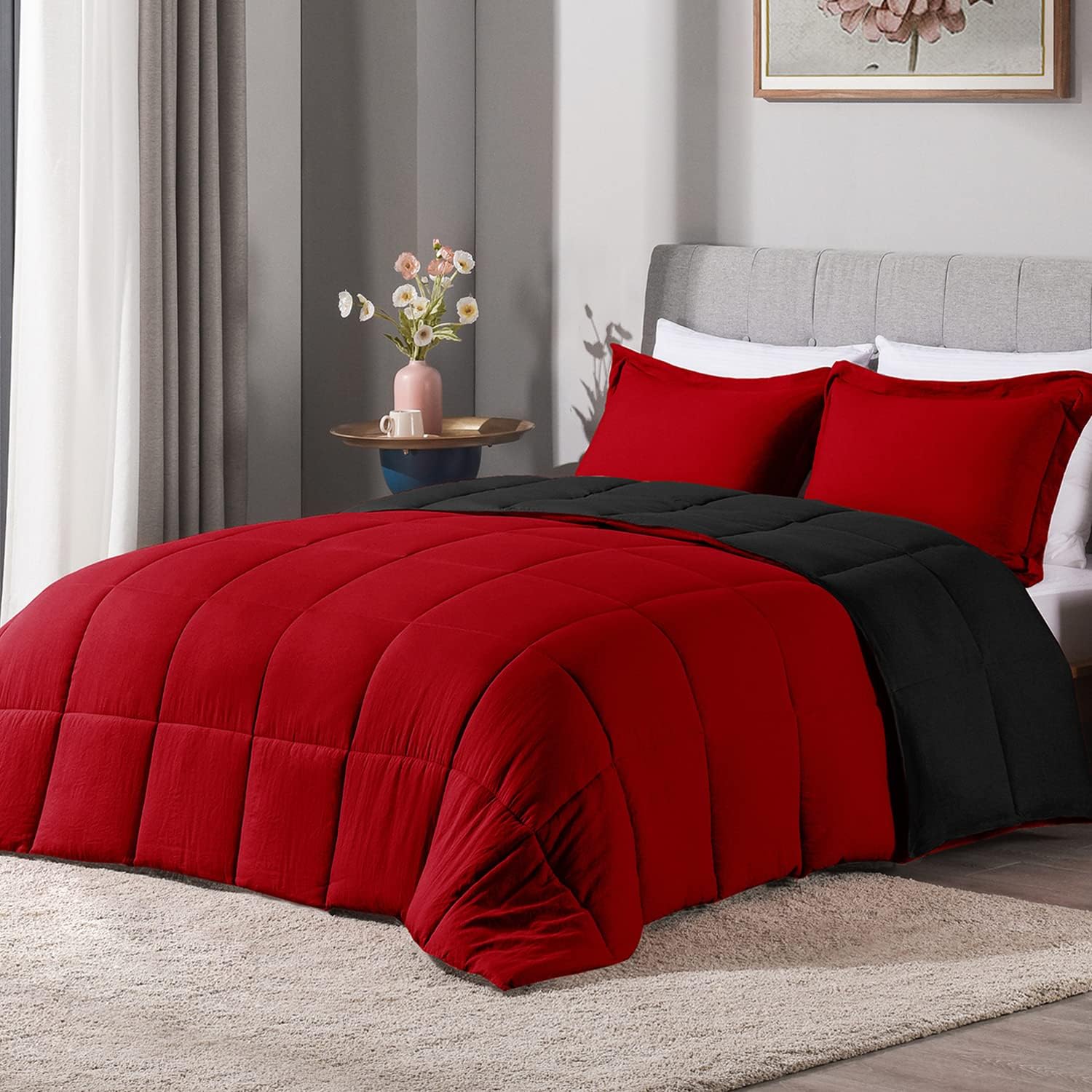 LOVTEX 3-Piece Queen Size Comforter Set - Ultra Soft Washed Microfiber Bedding, Reversible Black and Red Down Alternative Duvet Cover with 2 Pillow Shams - Perfect for Master Bedroom, Guest Room & Cozy Winter Nights (Red/Black)