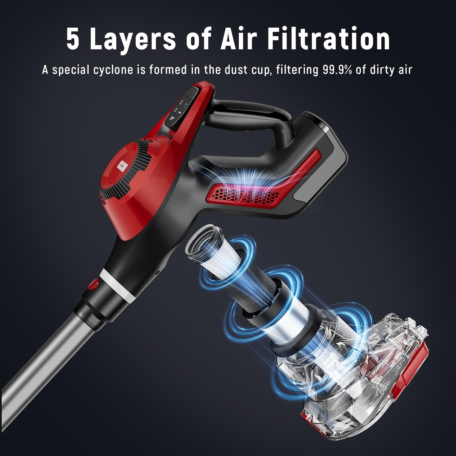 Curvymoon 30Kpa Cordless Stick Vacuum Cleaner for Home - Lightweight Handheld Vacuum with Smart Display, 55min Runtime, Free-Standing Design - Perfect for Pet Hair, Carpets & Hardwood Floors (Red) | Ideal for Quick Cleanups & Daily Home Maintenance
