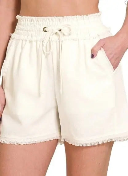 Ivory Frayed Hem Drawstring Shorts for Women - Casual Summer Beach Shorts with Adjustable Waist | Perfect for Vacation, Poolside Lounging & Outdoor Activities