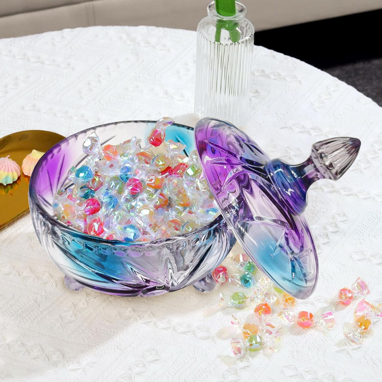 Purple Embossed Glass Candy Jar with Lid - Decorative Candy Dish for Office Desk, Coffee Table, Cookie Buffet & Food Storage | Perfect for Parties, Home Decor & Gift Giving