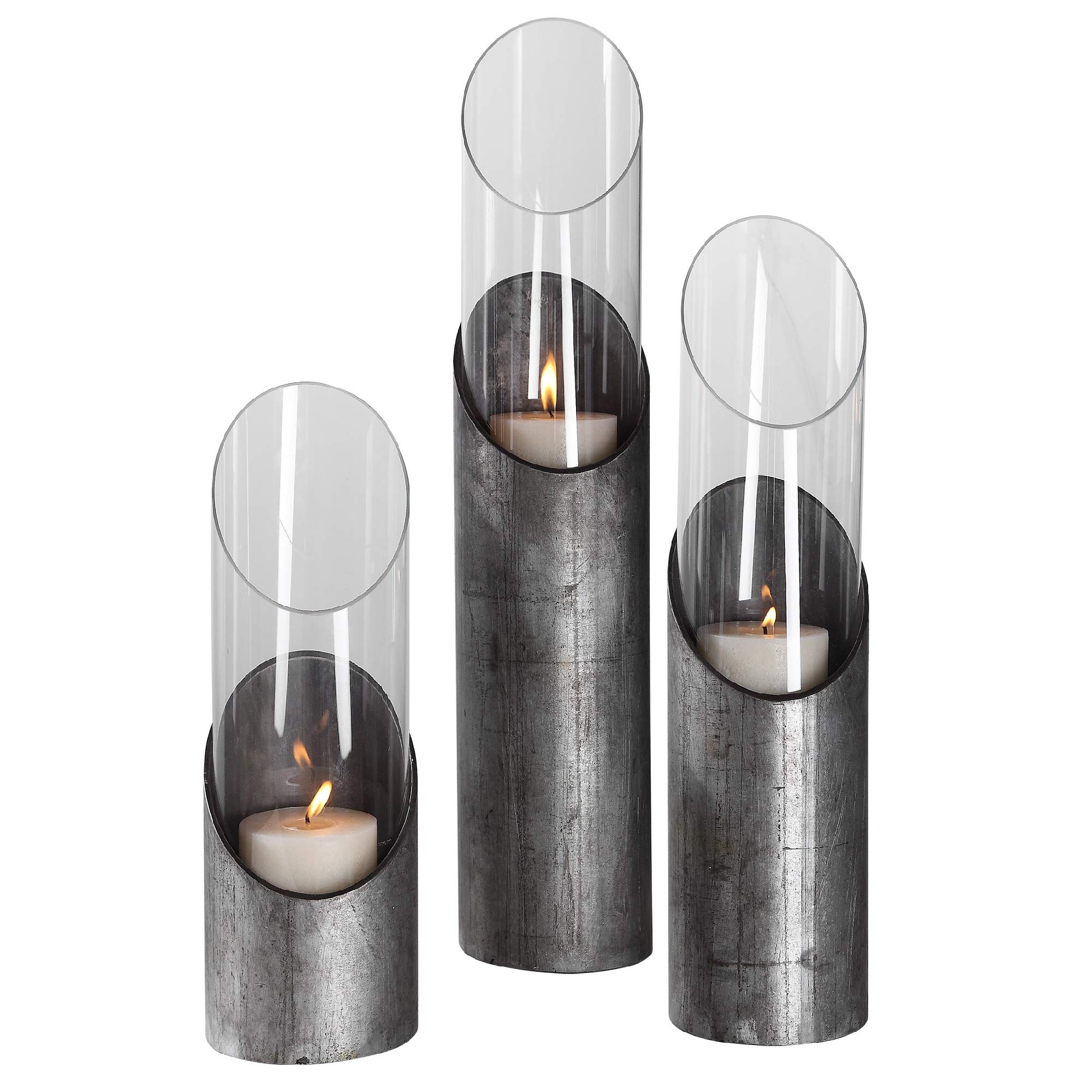 Modern Iron and Glass Candle Holders Set of 3 - 22 Inch Gray Home Decor for Dining Table, Wedding Centerpiece, Living Room & Bedroom Decor