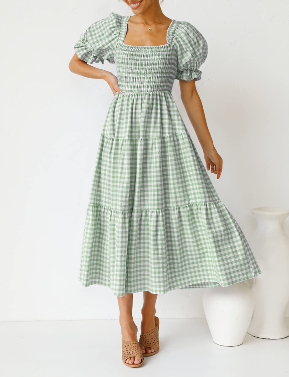 ZESICA Women's 2025 Bohemian Summer Dress - Plaid Square Neck, Puff Sleeve & Ruffle Flowy Midi Dress for Beach Vacation, Party & Casual Outings