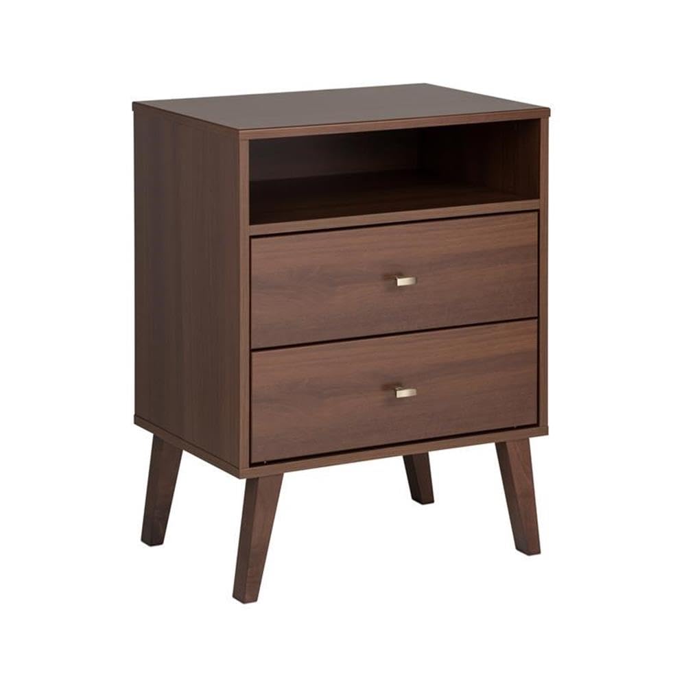Mid Century Modern Nightstand with 2 Drawers & Open Shelf - Cherry Wood Bedside Table for Bedroom, Living Room & Guest Room