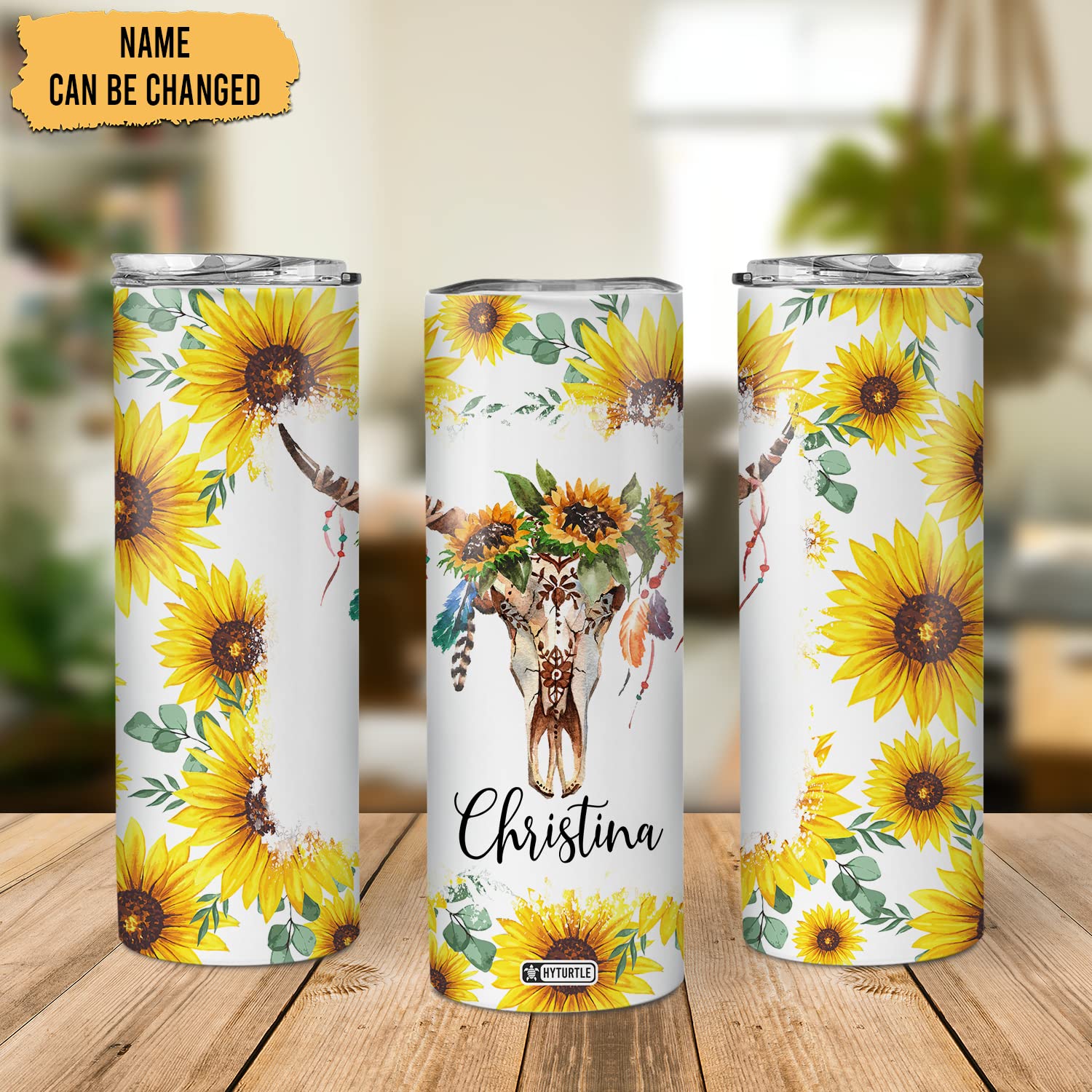 Personalized Cow Skull Skinny Tumbler 20oz - Custom Name Stainless Steel Insulated Cup - Unique Cow Lover Gift for Women & Girls - Birthday Present with Sunflower Design - Perfect for Coffee, Tea & Cold Drinks at Home, Office or Travel