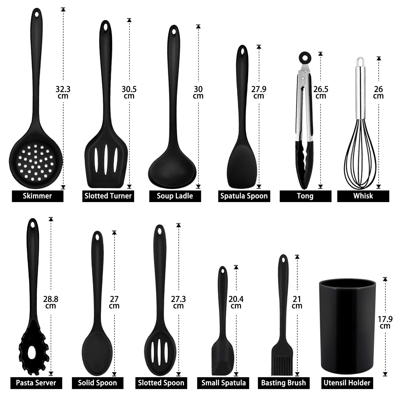 Homikit 12-Piece Silicone Kitchen Utensil Set with Holder - Heat Resistant Cooking Tools Including Spoon, Turner, Spatula, Ladle & Tongs for Non-Stick Cookware - Perfect for Baking, Frying & Everyday Cooking (Black)