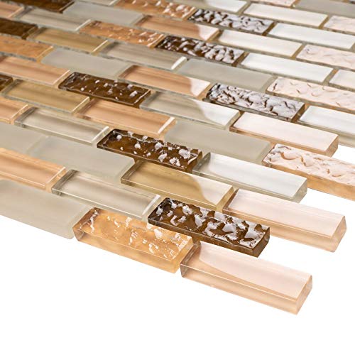 Mini Brick Mix Glass Mosaic Tiles - 10 Sheets/Case (Beige & Caramel) - Waterproof Peel & Stick Backsplash for Bathroom, Kitchen, Shower, Fireplace - DIY Home Decor & Wall Accent