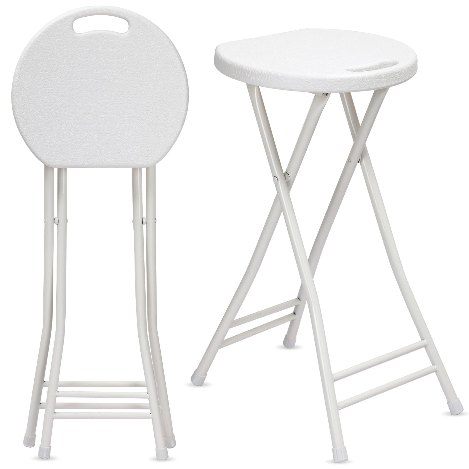 Suzile 2 Pack 24 Inch Folding Stool Chairs - Heavy Duty Portable Plastic Bar Stools with Handle for Adults, 300lbs Capacity - Perfect for Kitchen Counter, Home, Camping, Indoor & Outdoor Use (White)