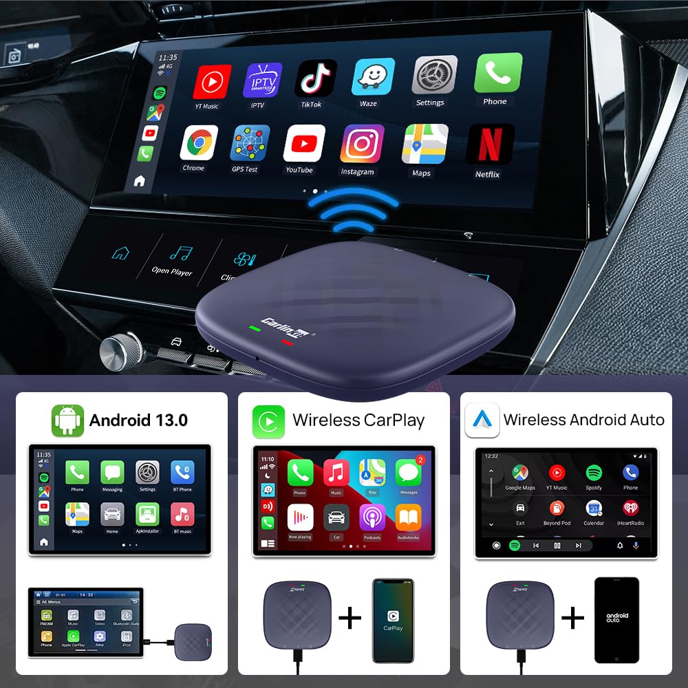 Carlinkit Android 13.0 AI Box Adapter - Wireless CarPlay & Android Auto AI Box Max (8GB+128GB) for Touchscreen Cars with 4G Network, Dual Bluetooth, Built-in Google Play/Netflix/YouTube/GPS - Perfect for Streaming, Navigation & Hands-Free Driving in Your Vehicle