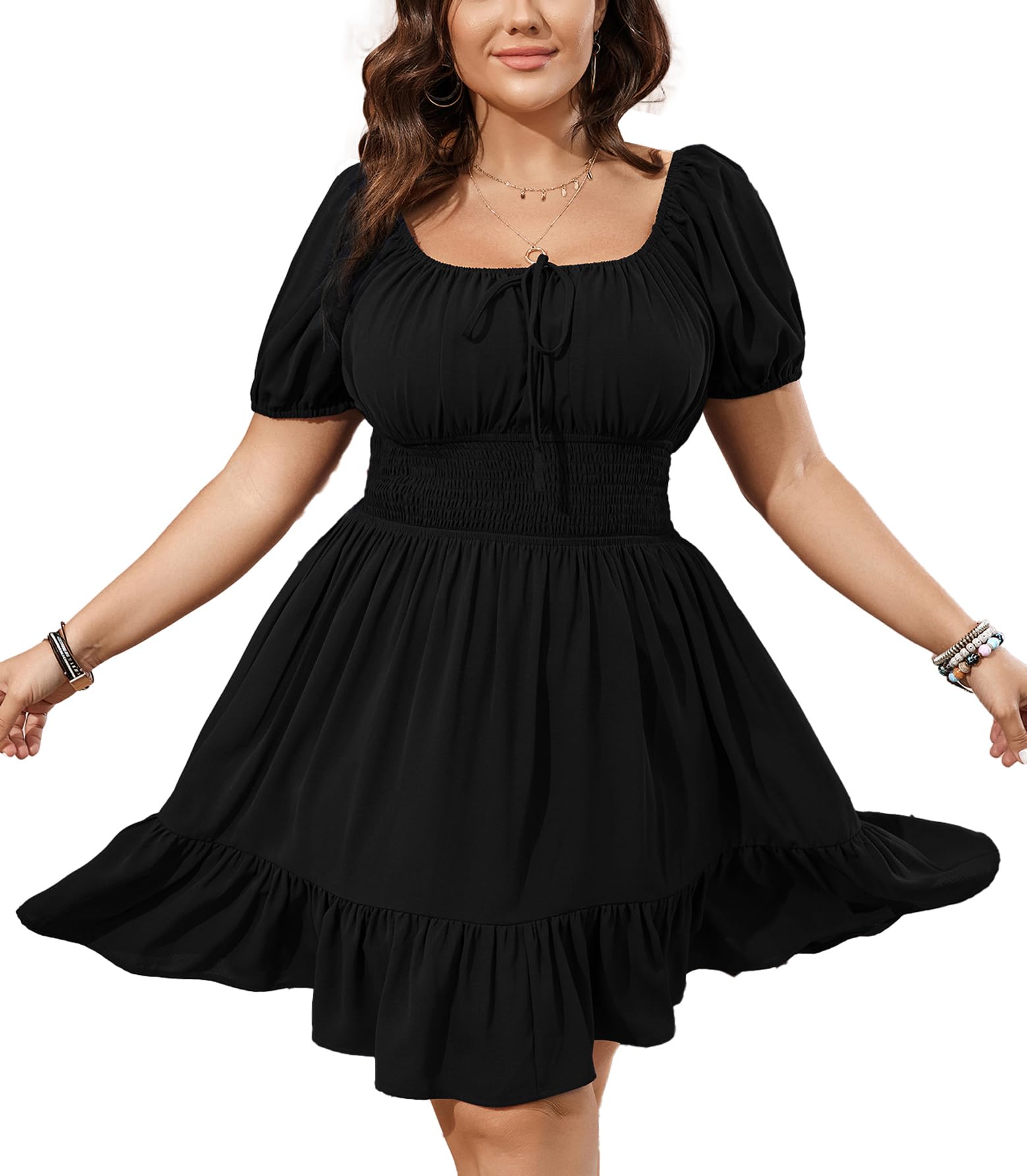 Plus Size Women's Short Lantern Sleeve Scoop Neck Mini Dress - Elastic High Waist Summer Dress with Ruffle Detail for Wedding Guest, Party, Beach Vacation & Casual Outings