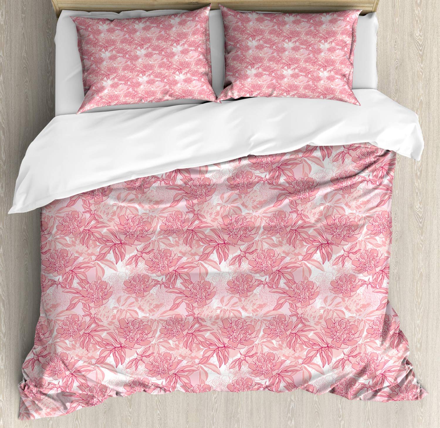 Ambesonne Rose Duvet Cover Set - Monochrome Peony Foliage Hand-Drawn Illustration, 3-Piece Bedding Set with 2 Pillow Shams, California King Size in Magenta White & Rose | Perfect for Spring Bedroom Decor, Guest Room Makeover & Floral Theme Home Styling