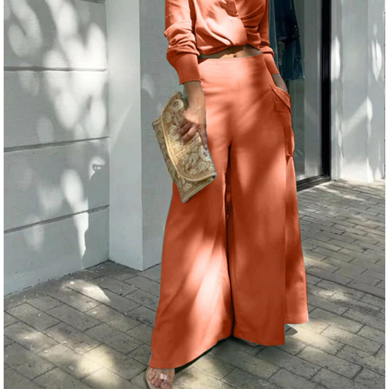Sexy 2 Piece Outfit for Women - Cropped Long Sleeve Tops & High Waist Wide Leg Pants with Pockets | Casual Suit Set | Perfect for Date Night, Office Wear & Street Fashion
