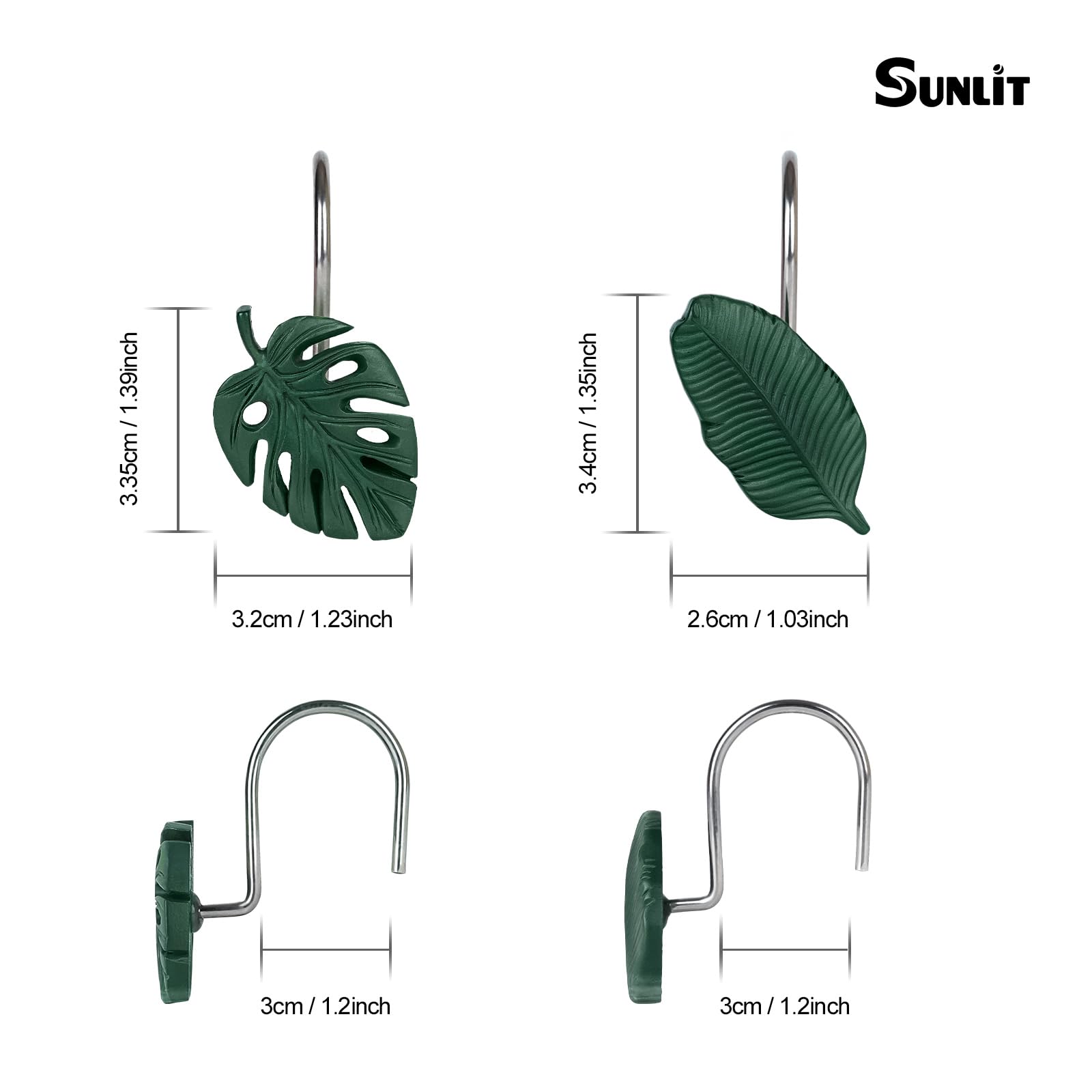 Tropical Leaf Shower Curtain Hooks - Set of 12 Dark Green Botanical Bathroom Accessories with Monstera & Bird of Paradise Design, Durable Resin Shower Rings for Spa-Like Bathroom Decor