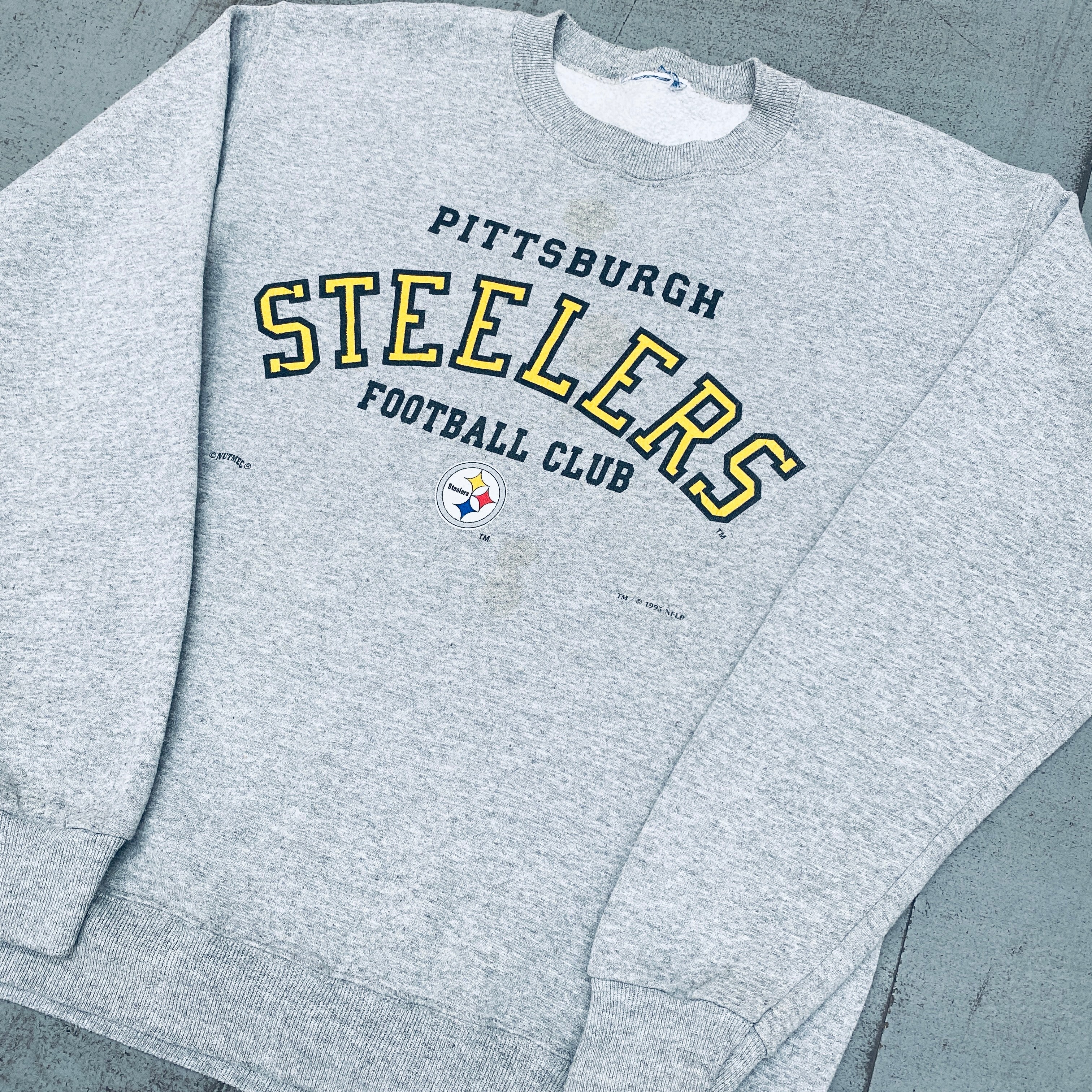Pittsburgh Steelers 1995 Nutmeg Mills Graphic Spellout Sweatshirt - Men's Vintage NFL Football Fan Apparel for Game Day & Casual Wear