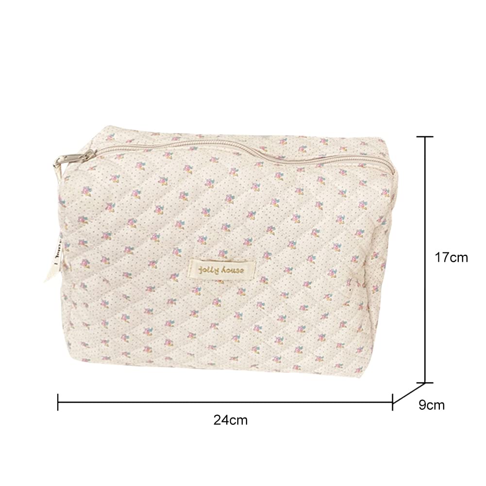 Juoxeepy Large Cotton Makeup Bag - Quilted Cosmetic Pouch for Travel & Toiletries | Coquette Aesthetic Floral Design | 9.4x6.7x3.54 inches (B-Beige) | Perfect for Vacation, Gym, Bridal Shower & Daily Organizer