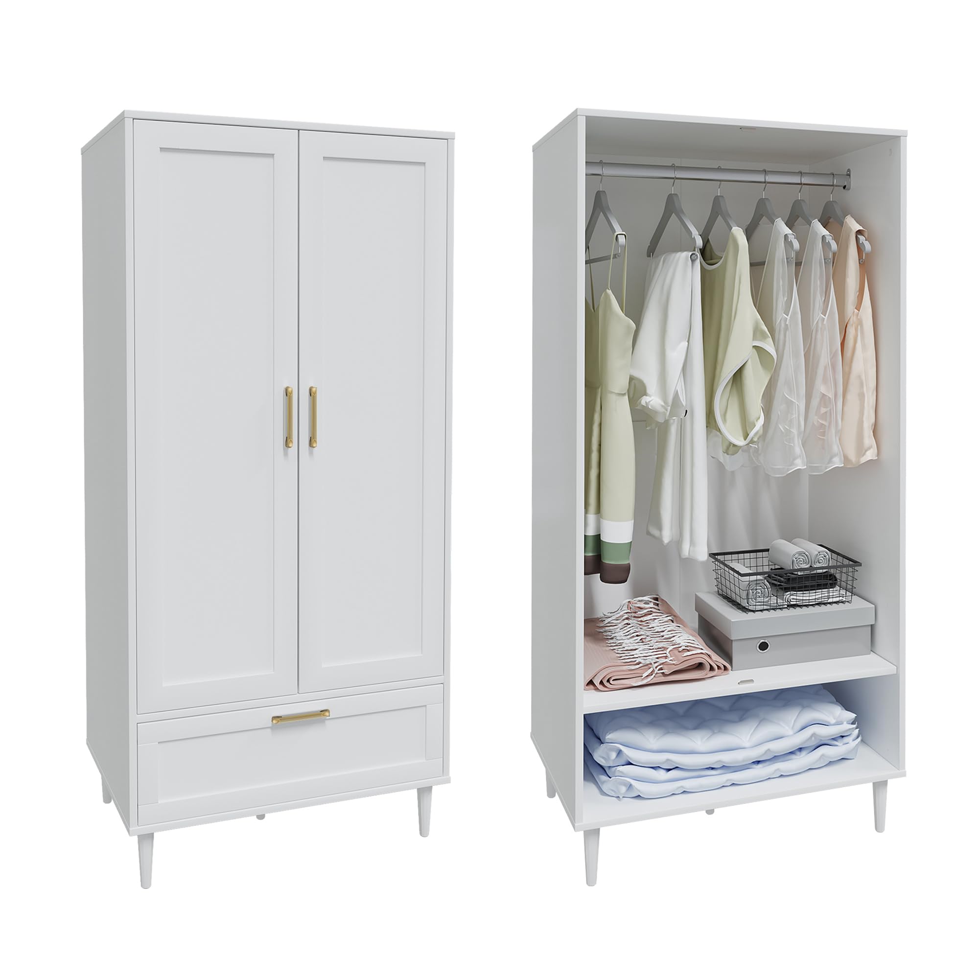 60 Inch White Modern Armoire Wardrobe Closet with Hanging Rod & Drawers - 2 Door Storage Cabinet for Bedroom Clothes Organization | Perfect for Small Spaces & Master Bedrooms
