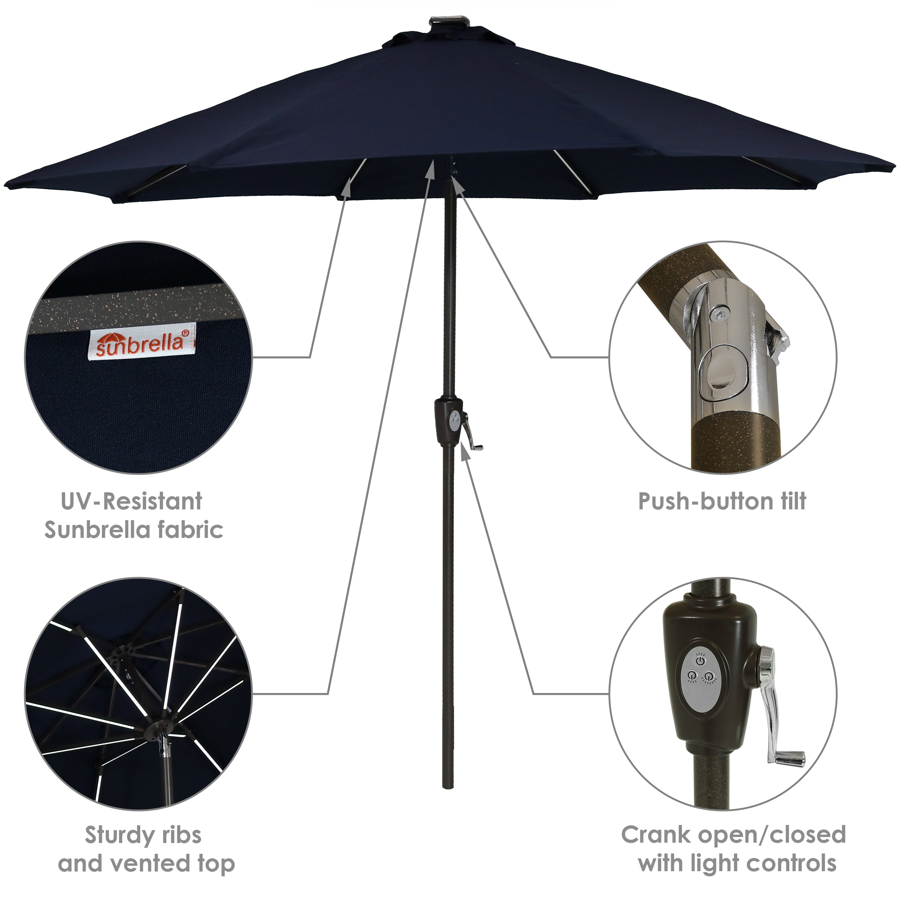 Sunnydaze 9 Foot Solar Sunbrella Patio Umbrella with Push Button Tilt & Crank - Perfect for Poolside, Backyard, and Outdoor Dining Areas