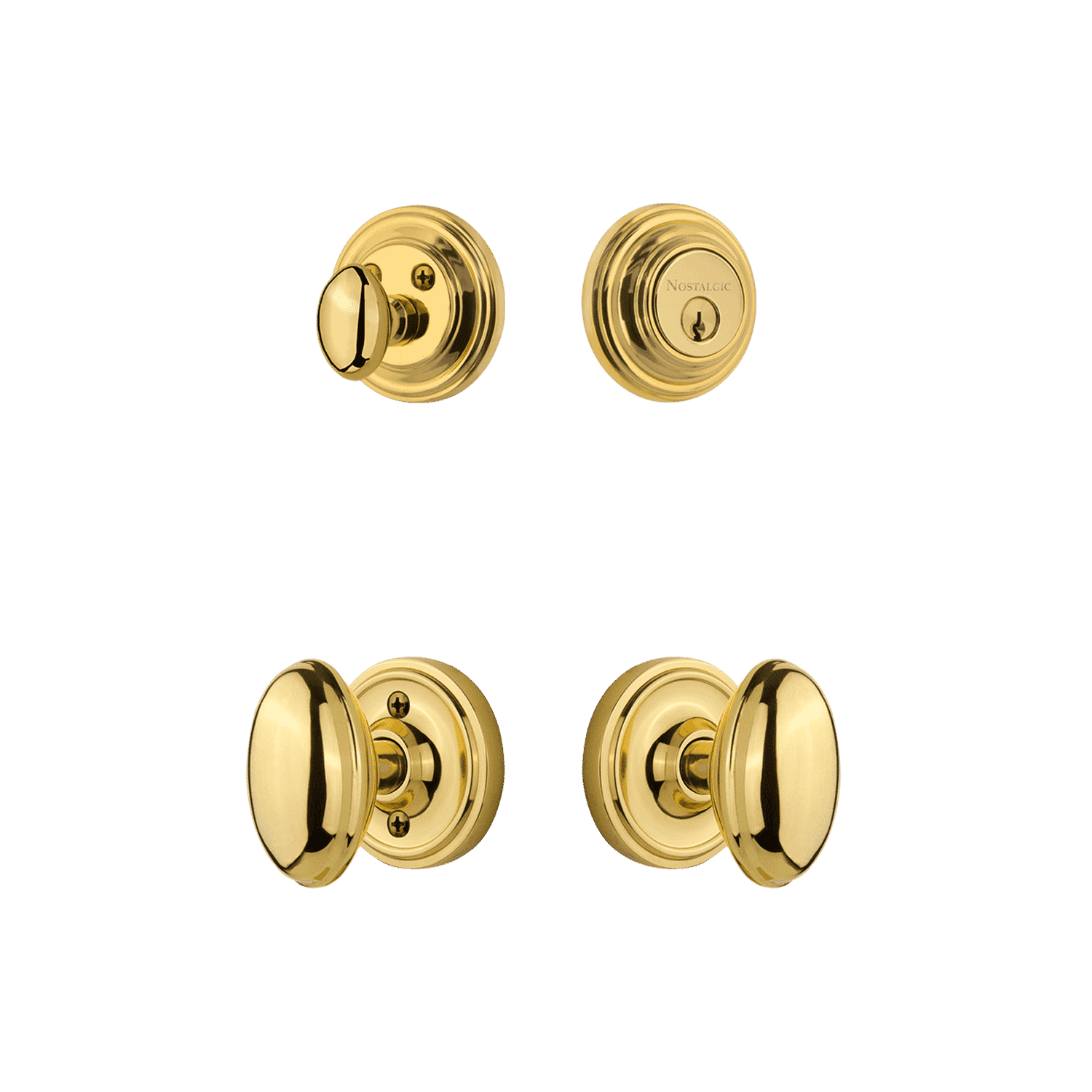 Classic Rosette Entry Set with Homestead Knob in Polished Brass - Vintage Style Door Hardware for Home & Office Entryways