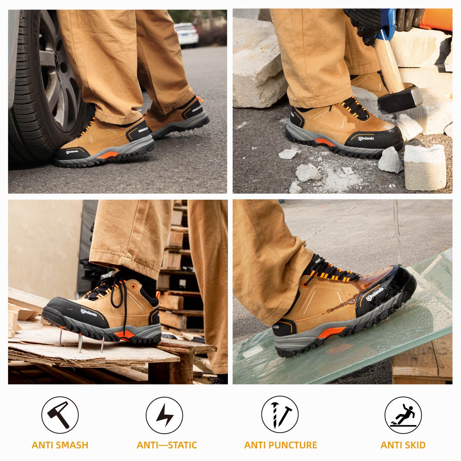 **ANDANDA Men's Puncture Proof Leather Work Boots - Composite Toe Safety Shoes for Hiking, Construction & Outdoor Work - Non-Slip, Durable & Comfortable**