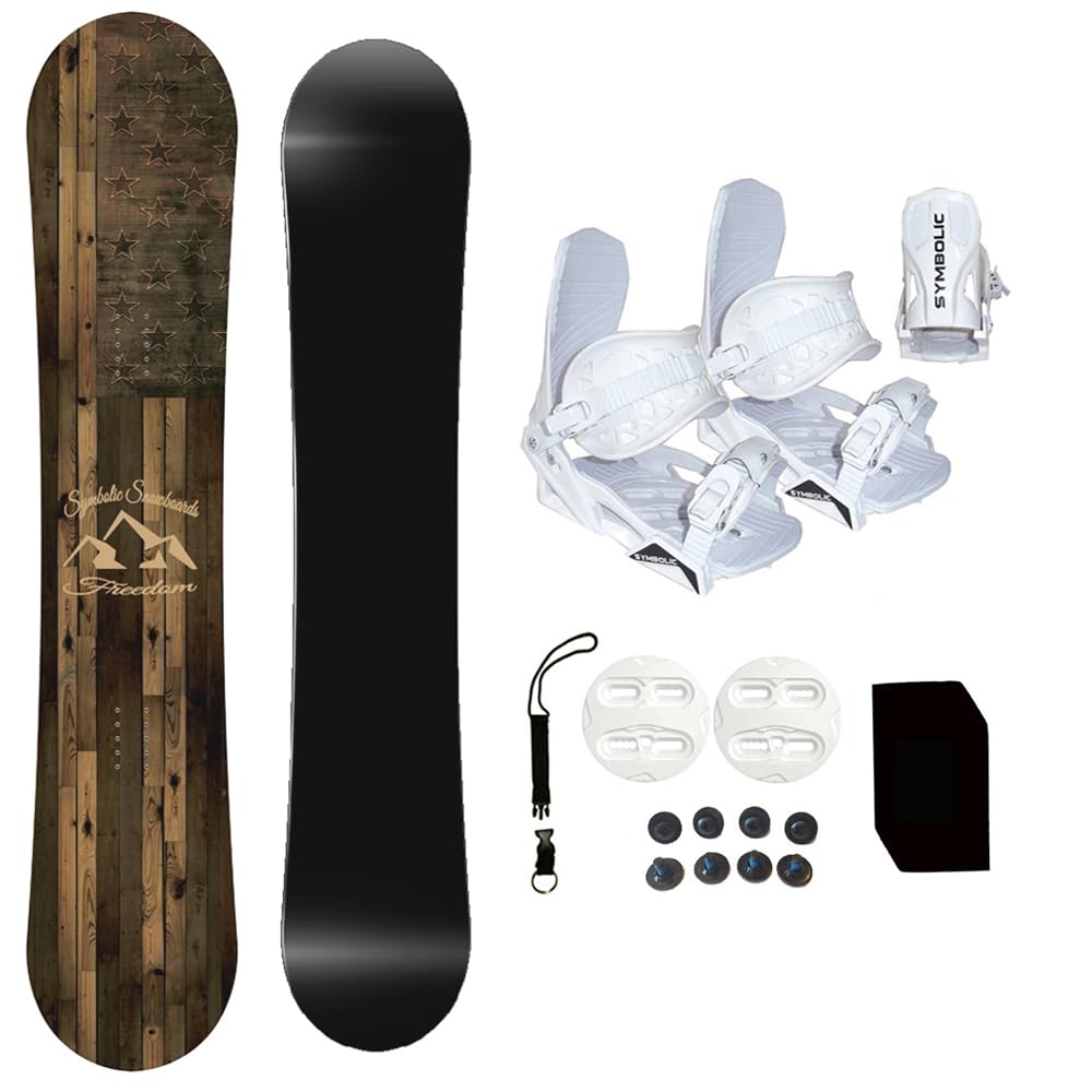 Symbolic Freedom USA Youth Kids Snowboard with White Bindings & Stomp Pad - Complete Snowboarding Package for Beginners | Perfect for Mountain Resorts & Winter Sports