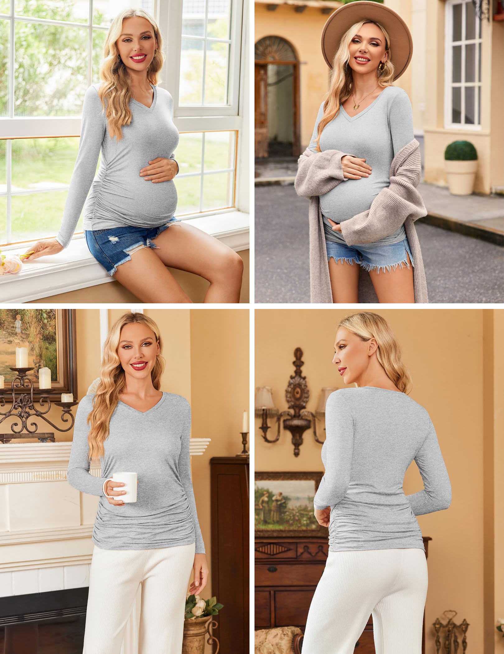 Ekouaer Women's Maternity Shirts 3 Pack - Long Sleeve V-Neck Pregnancy Tops & Tunics for Fall (S-XXL) | Comfortable Nursing Clothes for Expecting Moms at Work or Home