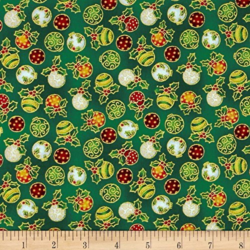 Seasons Greetings Ornaments Metallic Quilt Fabric by Fabri-Quilt - Festive Green Holiday Fabric for Christmas Quilting, DIY Decor & Seasonal Crafts